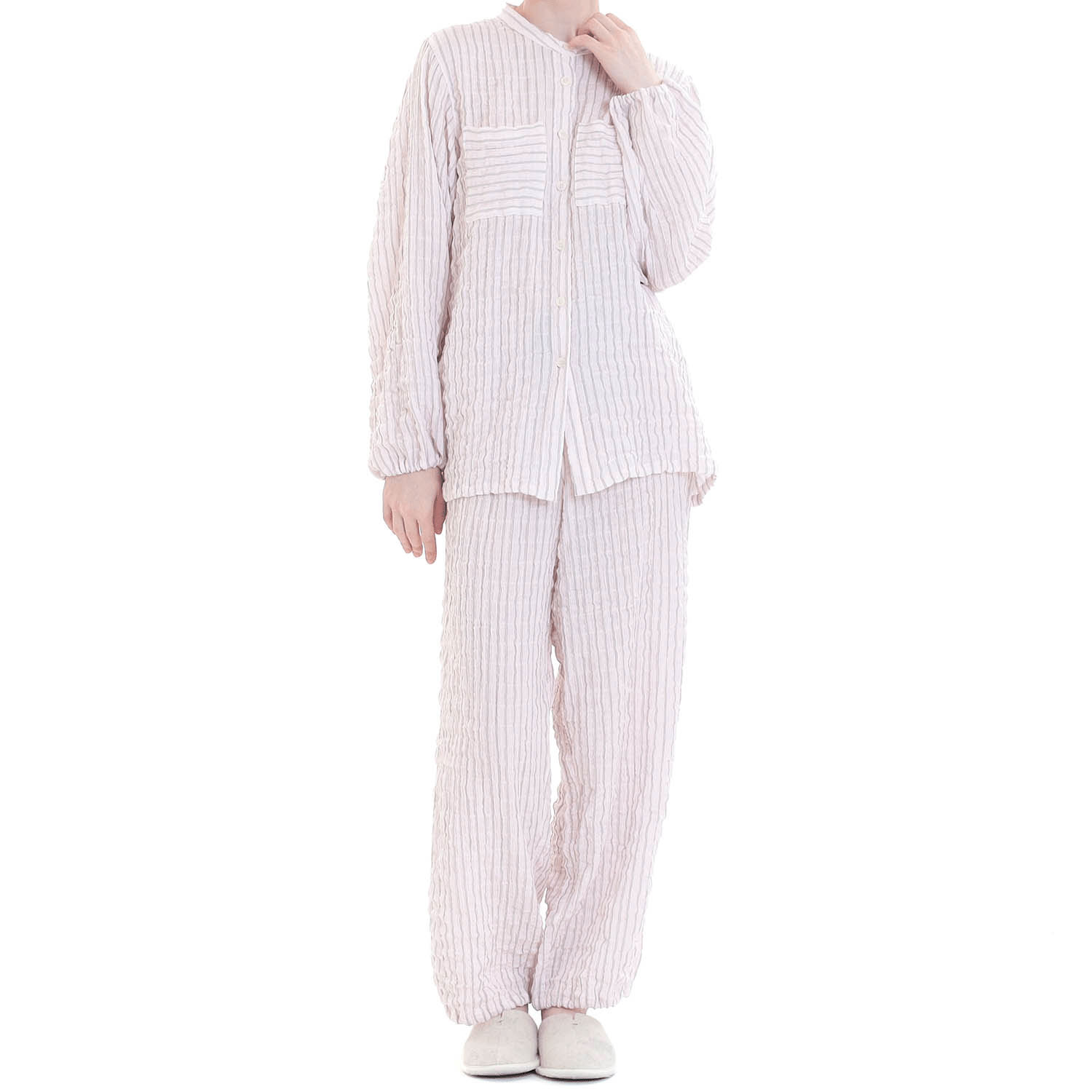 Narue シャーリングダブルガーゼストライプスタンドカラーパジャマ - 画像12