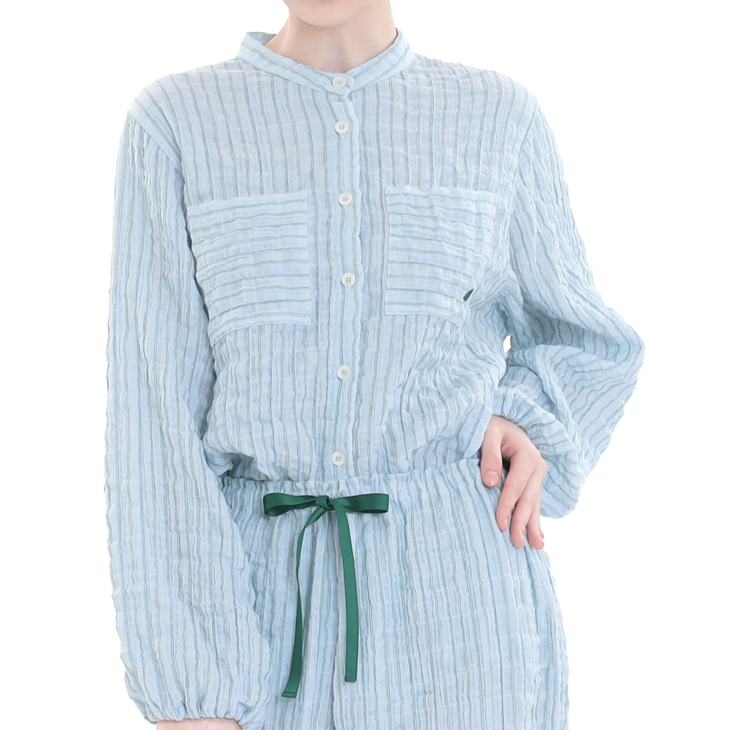 Narue シャーリングダブルガーゼストライプスタンドカラーパジャマ - 画像18