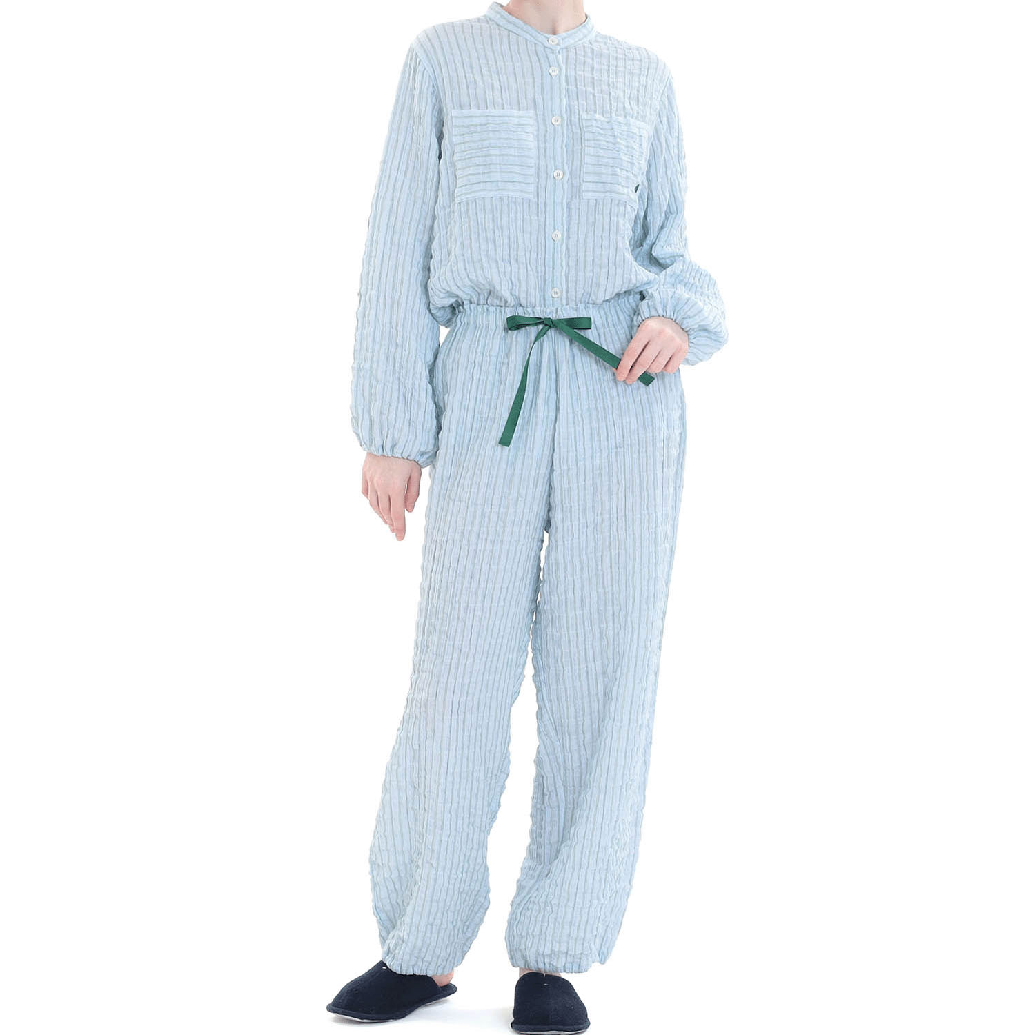 Narue シャーリングダブルガーゼストライプスタンドカラーパジャマ - 画像19