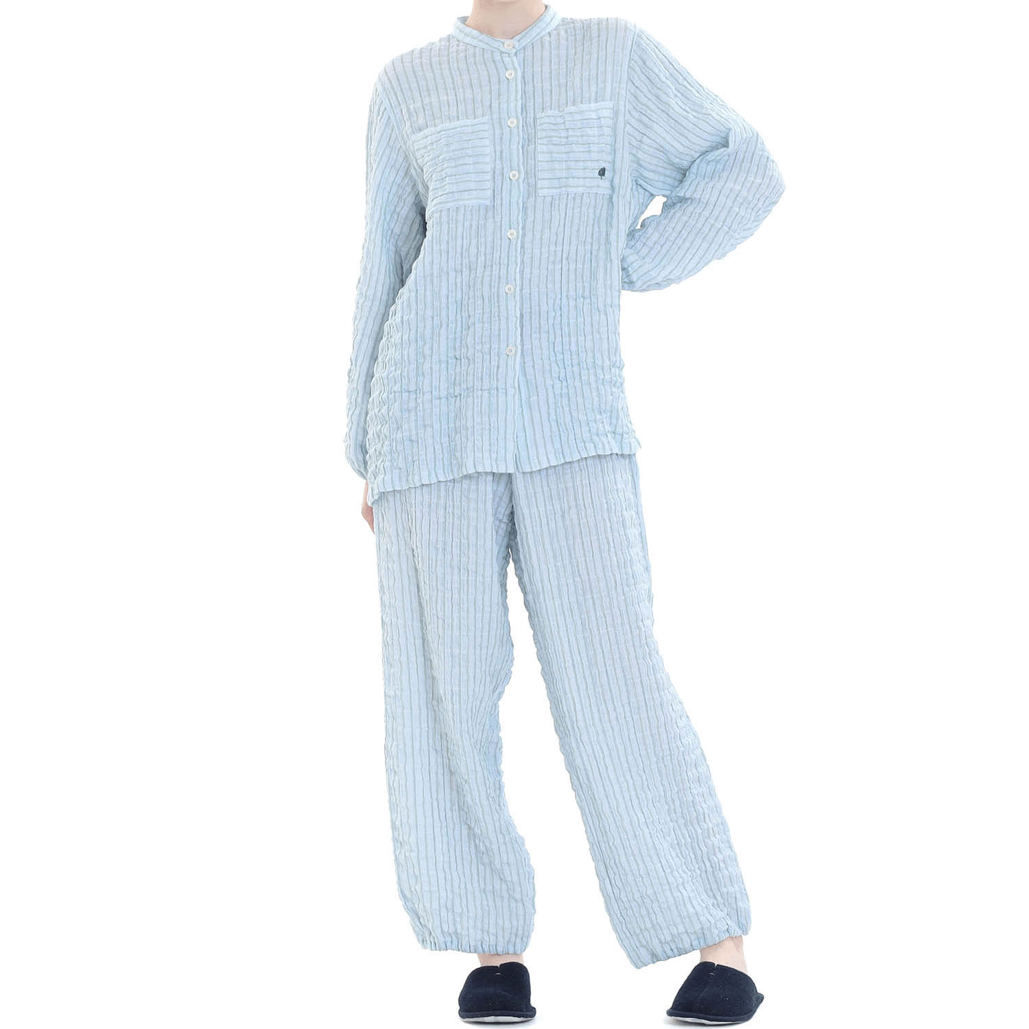 Narue シャーリングダブルガーゼストライプスタンドカラーパジャマ - 画像20