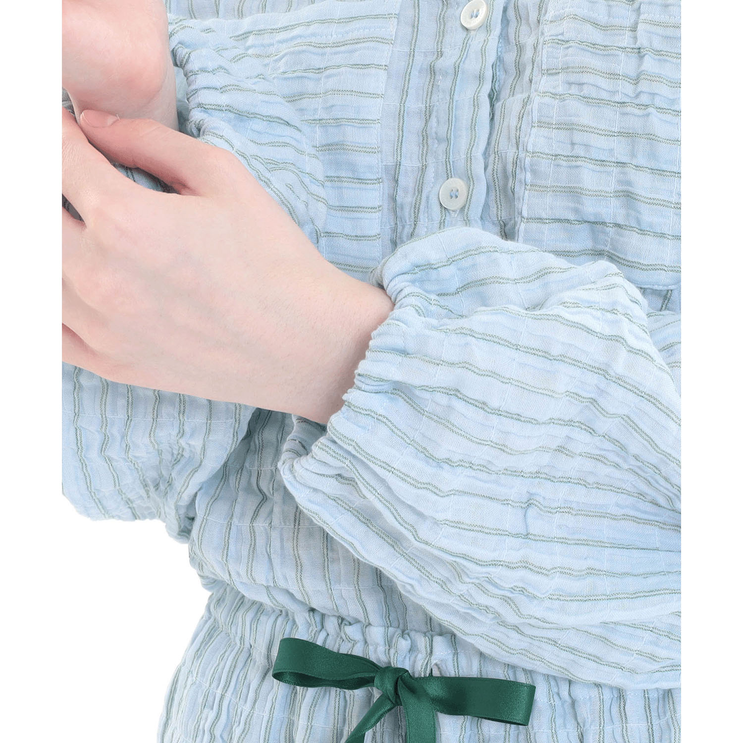 Narue シャーリングダブルガーゼストライプスタンドカラーパジャマ - 画像22