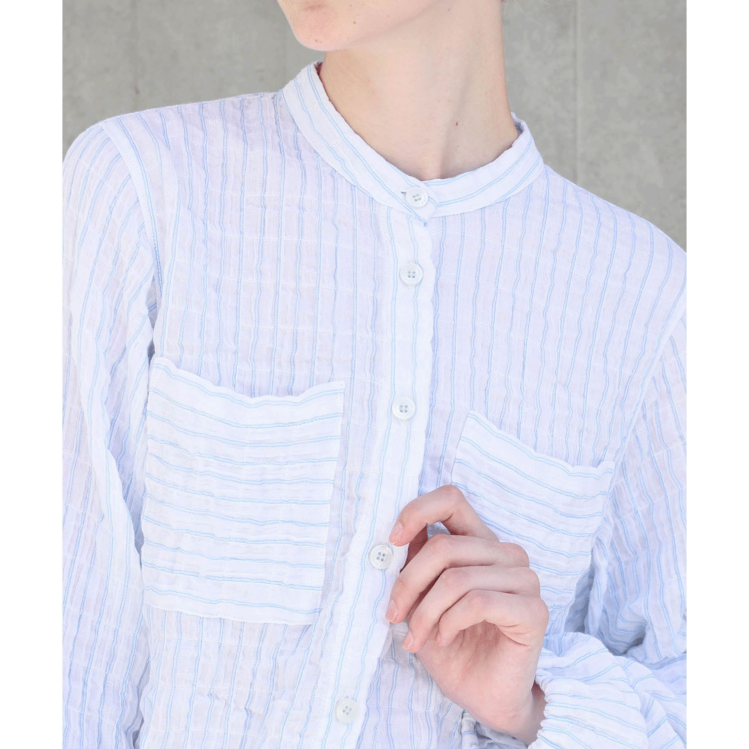 Narue シャーリングダブルガーゼストライプスタンドカラーパジャマ - 画像4