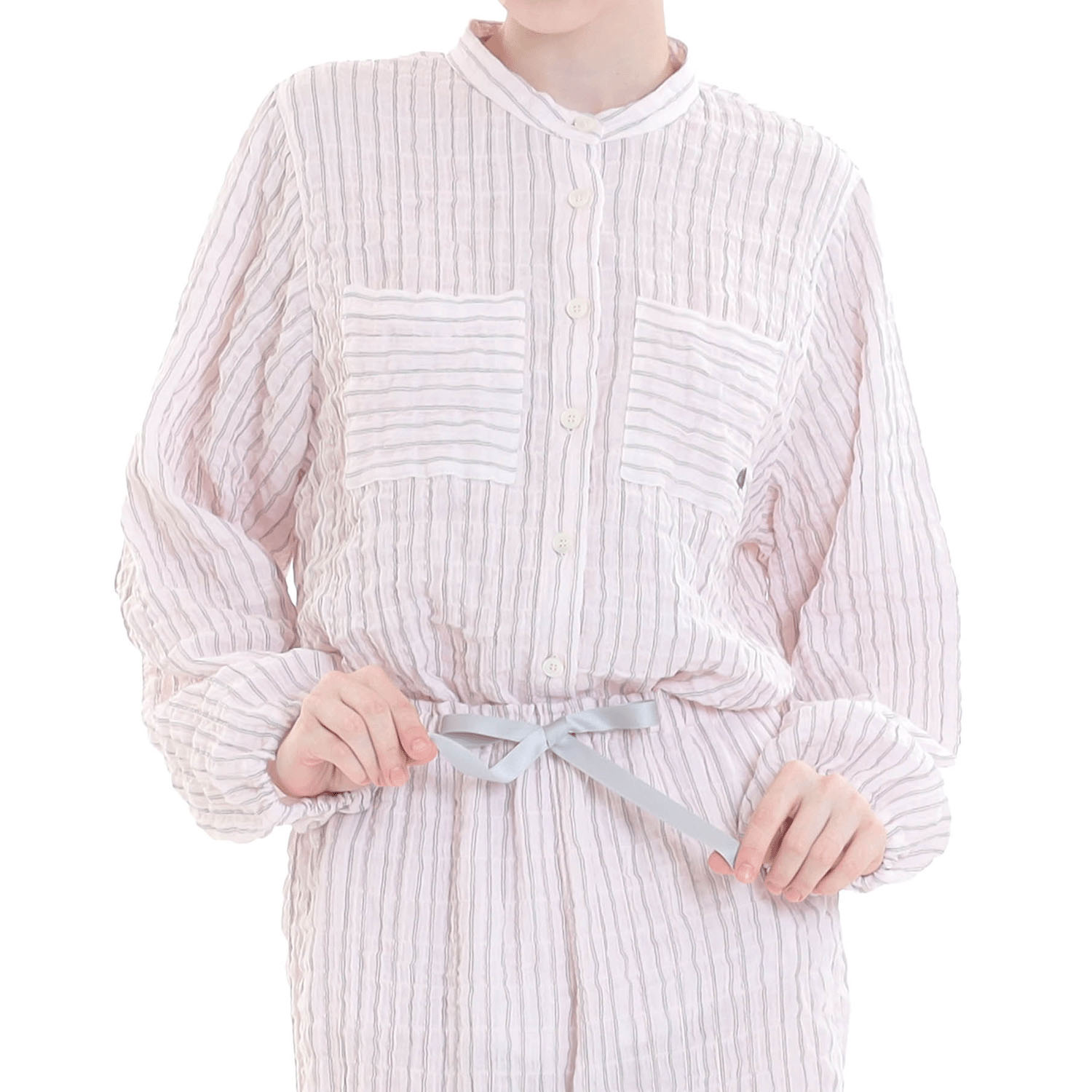 Narue シャーリングダブルガーゼストライプスタンドカラーパジャマ - 画像10