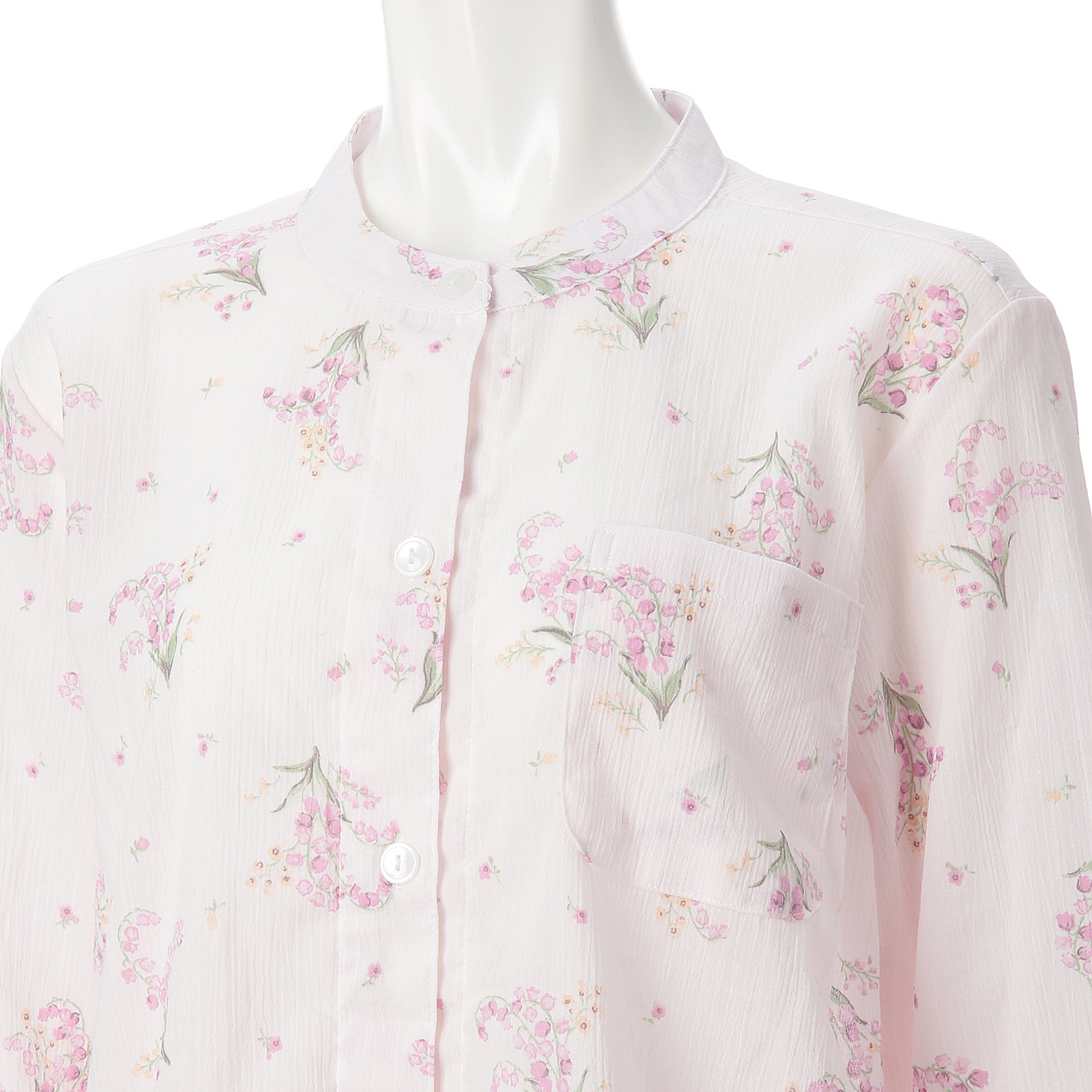 綿100％楊柳スズラン柄バンドカラーパジャマ - 画像3