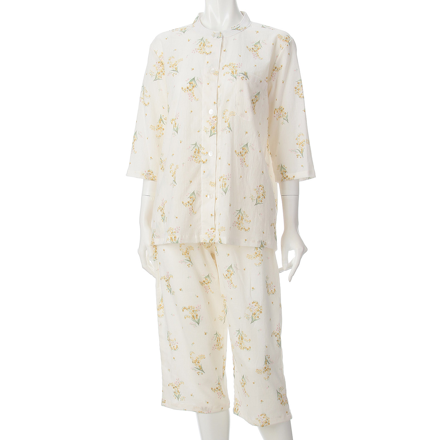 綿100％楊柳スズラン柄バンドカラーパジャマ - 画像5