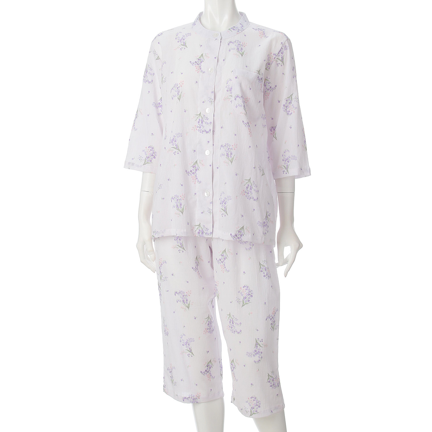 綿100％楊柳スズラン柄バンドカラーパジャマ - 画像6