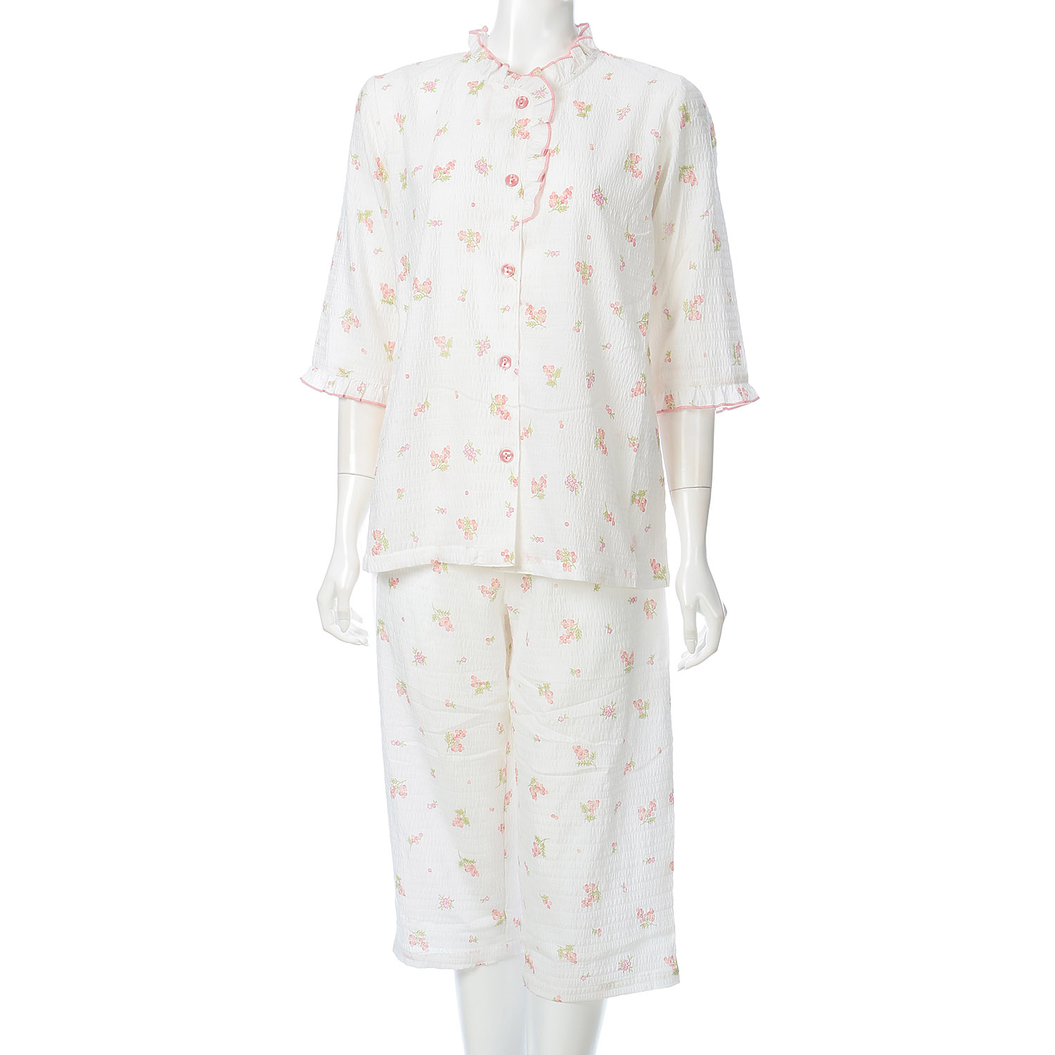 マジョリカ ミモザ柄衿フリル 7分袖7分丈パンツパジャマ - 画像1