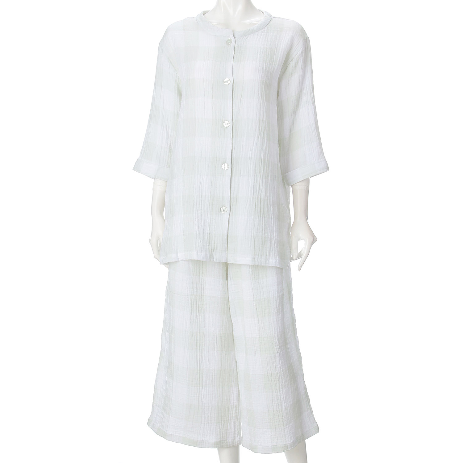 men de neru Wガーゼ楊柳 格子柄前開パジャマ - 画像5