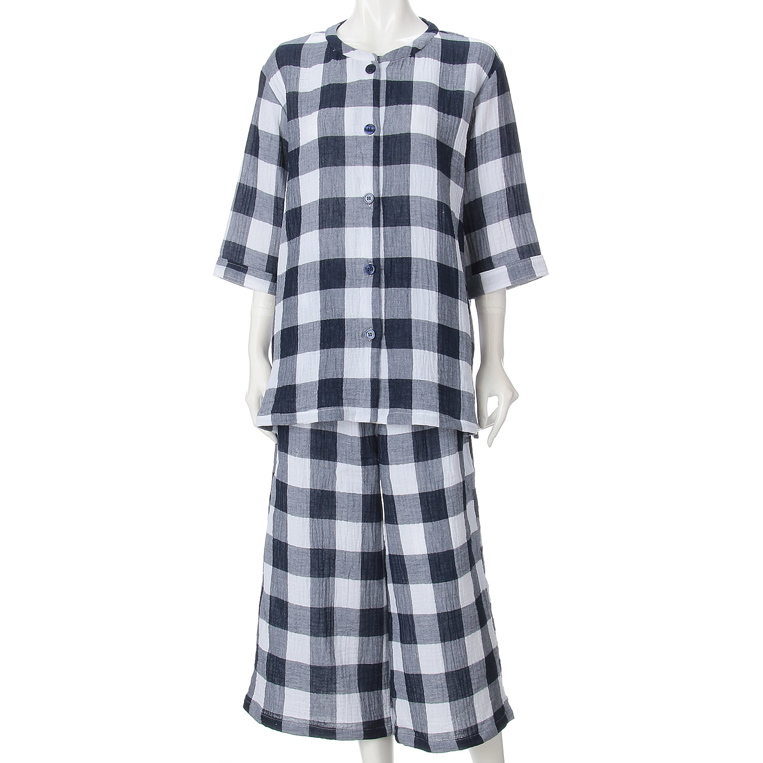 men de neru Wガーゼ楊柳 格子柄前開パジャマ - 画像6