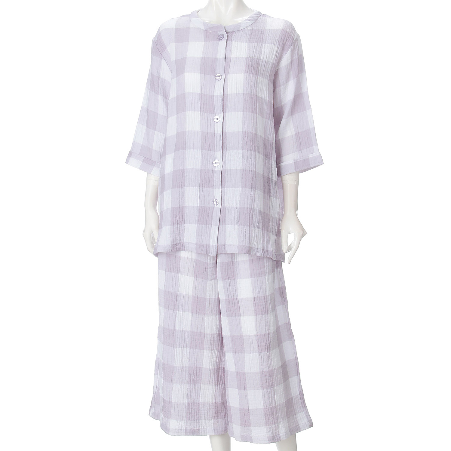 men de neru Wガーゼ楊柳 格子柄前開パジャマ - 画像7