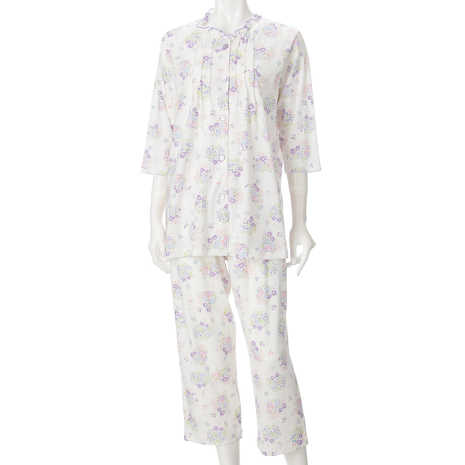 婦人 綿100％SZ天竺フラワーブーケ柄ピンタックフリルパジャマ - 画像3