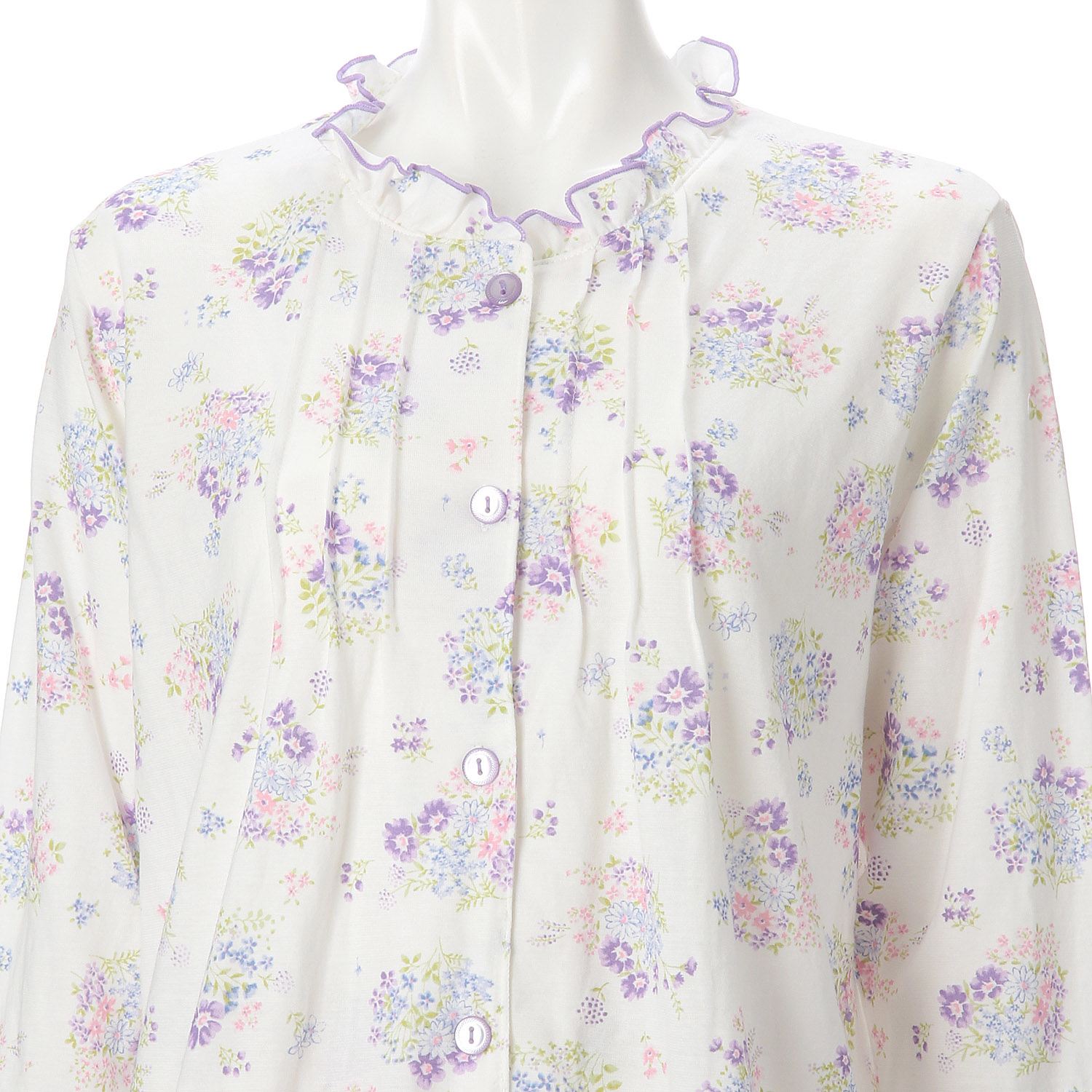 婦人 綿100％SZ天竺フラワーブーケ柄ピンタックフリルパジャマ - 画像5