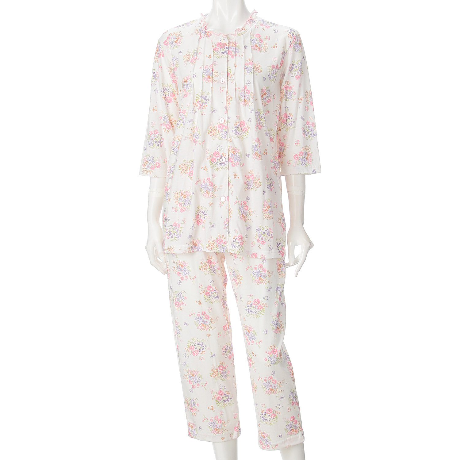 婦人 綿100％SZ天竺フラワーブーケ柄ピンタックフリルパジャマ - 画像1
