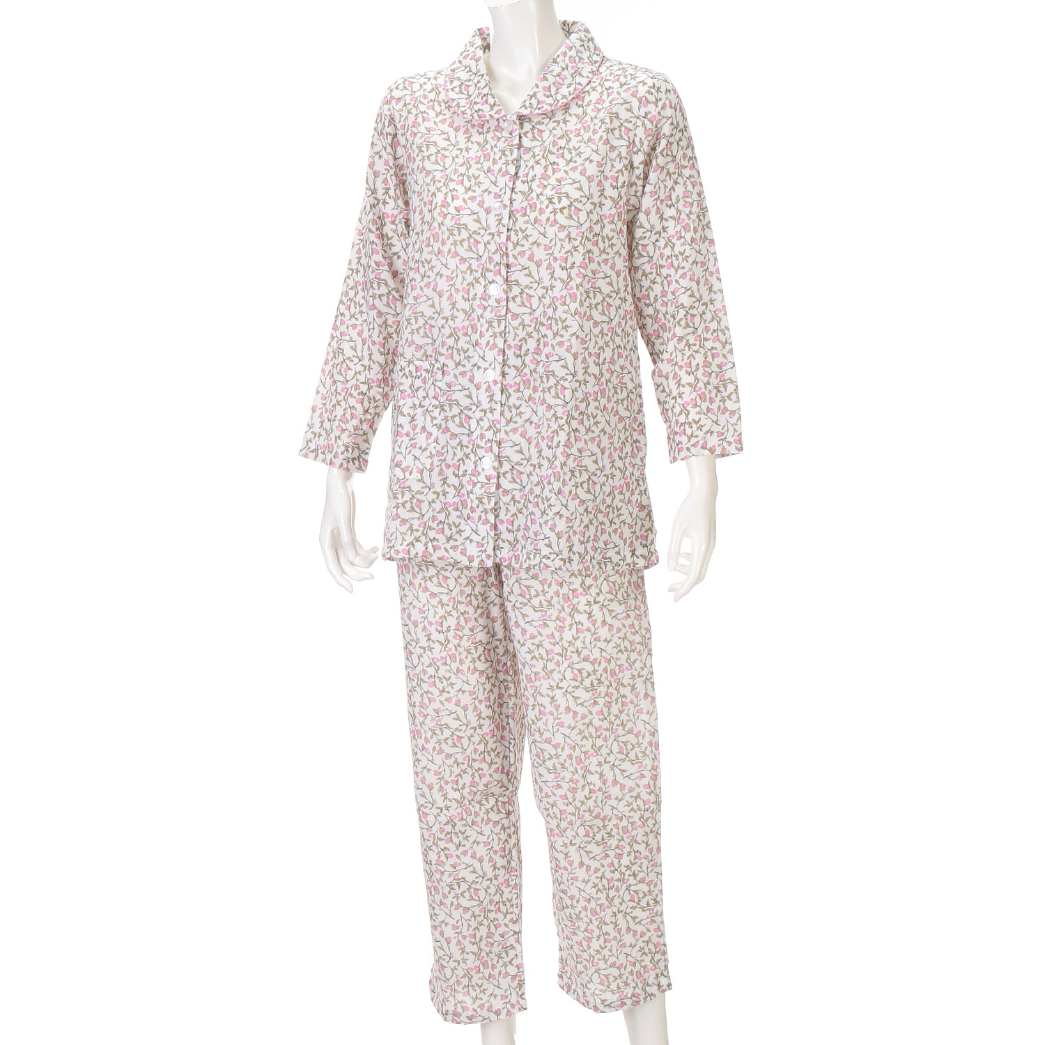 婦人 綿100％ ダブルガーゼ 木の実柄 パジャマ（長袖＋長パンツ）