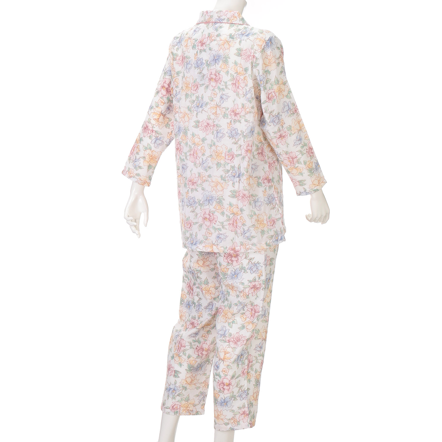 婦人 綿100％ ダブルガーゼ 薔薇柄パジャマ（長袖＋長パンツ） - 画像2