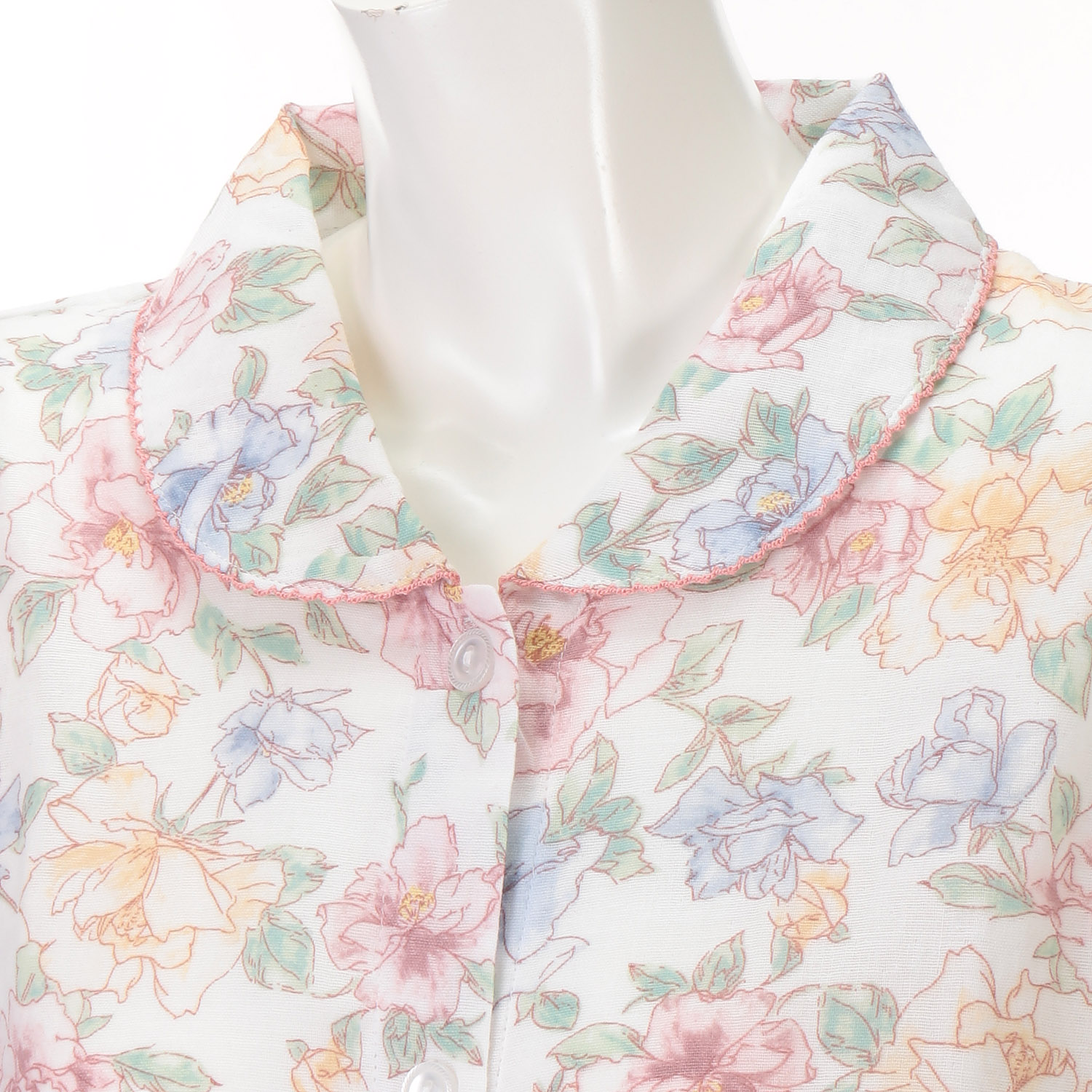 婦人 綿100％ ダブルガーゼ 薔薇柄パジャマ（長袖＋長パンツ） - 画像3