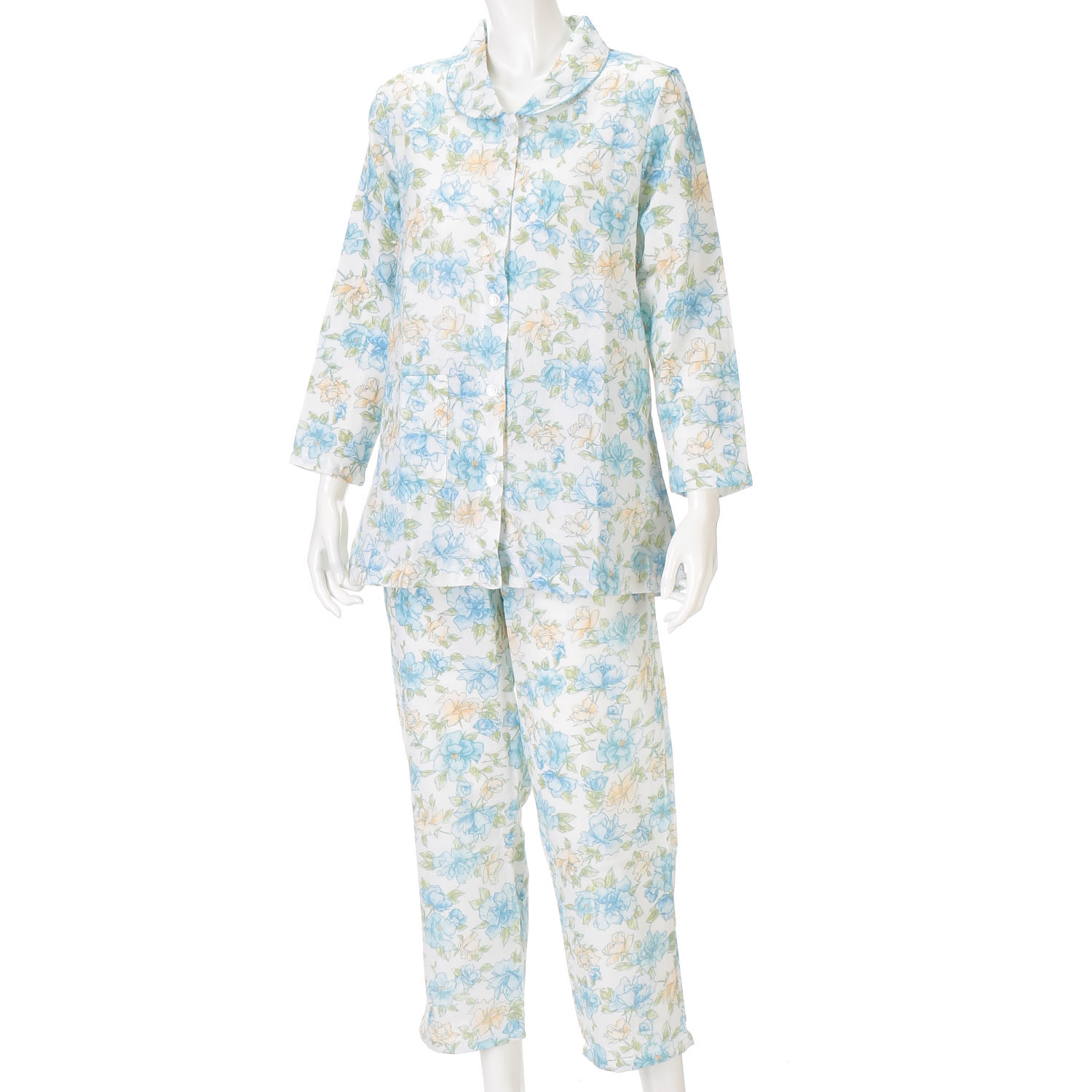 婦人 綿100％ ダブルガーゼ 薔薇柄パジャマ（長袖＋長パンツ） - 画像5