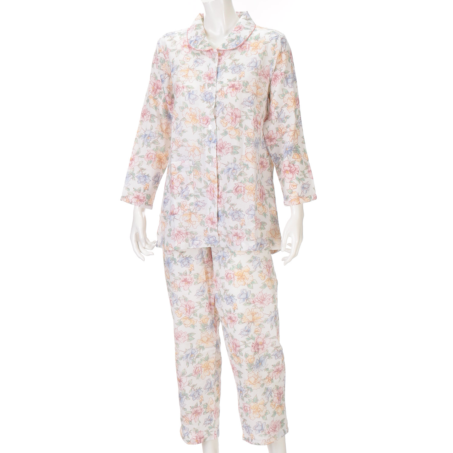 婦人 綿100％ ダブルガーゼ 薔薇柄パジャマ（長袖＋長パンツ）