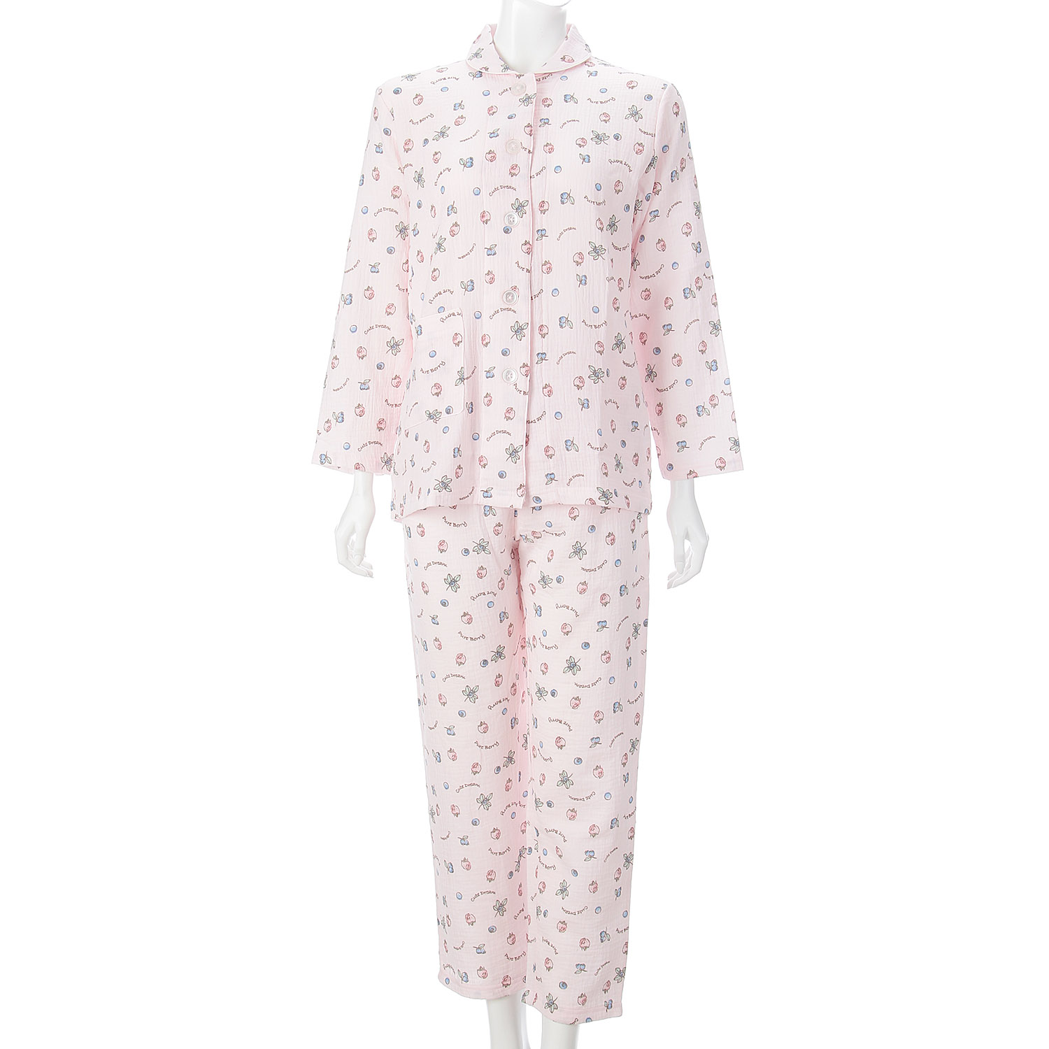 ふんわりダブルガーゼ 衿付パジャマ ベリー柄 - 画像1