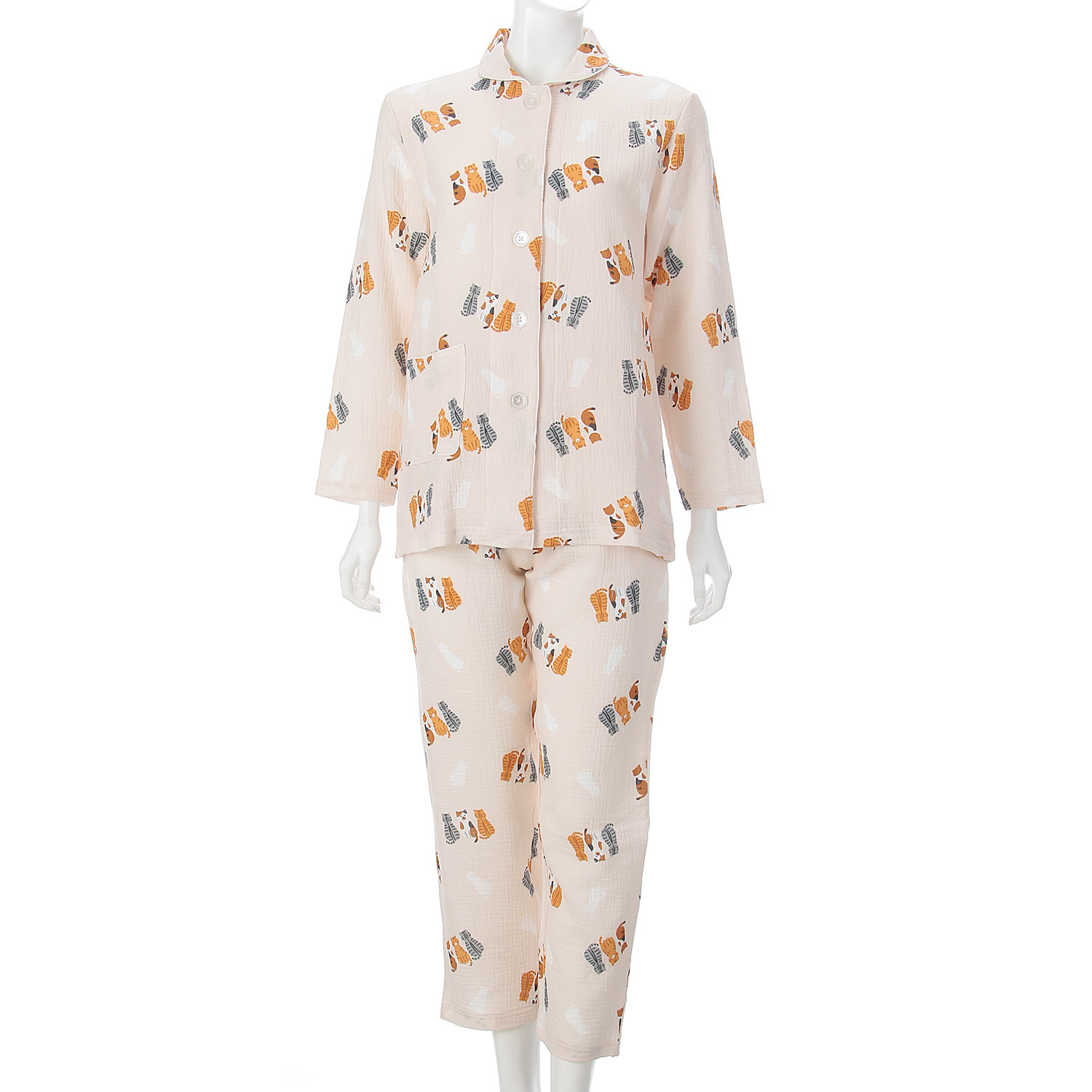 ふんわりダブルガーゼ 衿付パジャマ ネコ柄 - 画像1