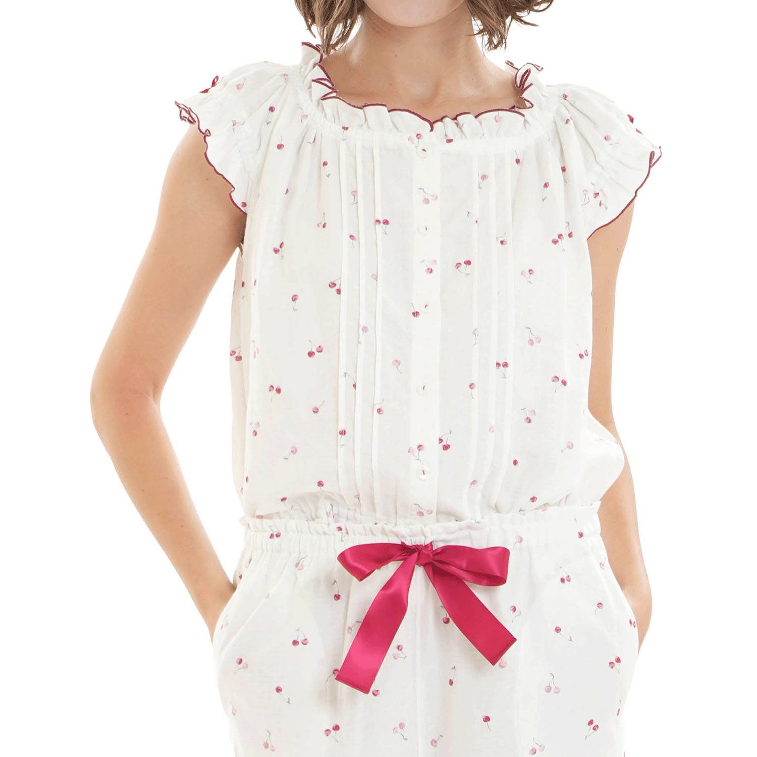 Narue コットンダブルガーゼプティチェリーギャザーパジャマ - 画像1