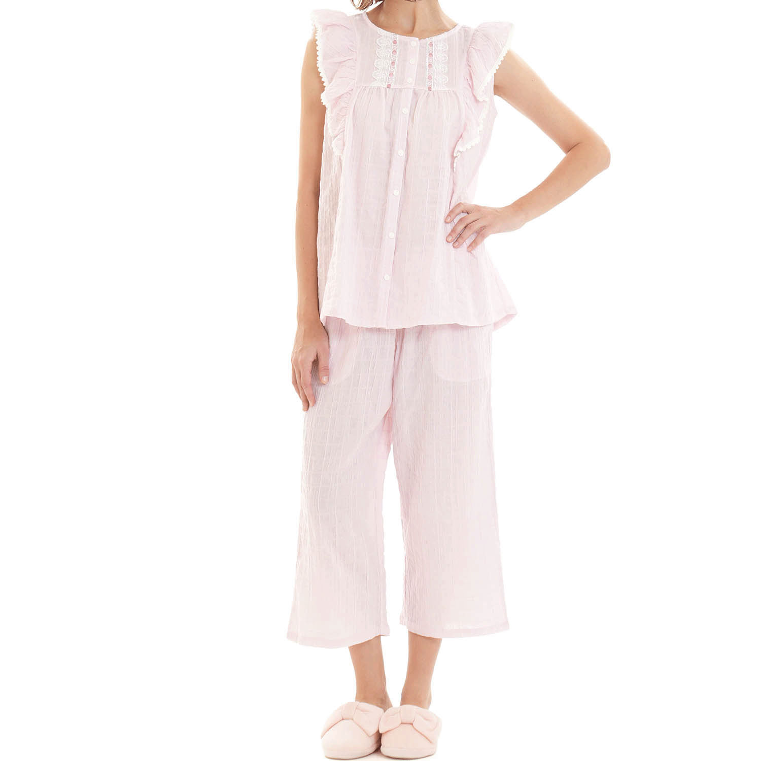 Narue シャーリング表ジャガードストライプ＆シャンブレーフリルパジャマ - 画像12