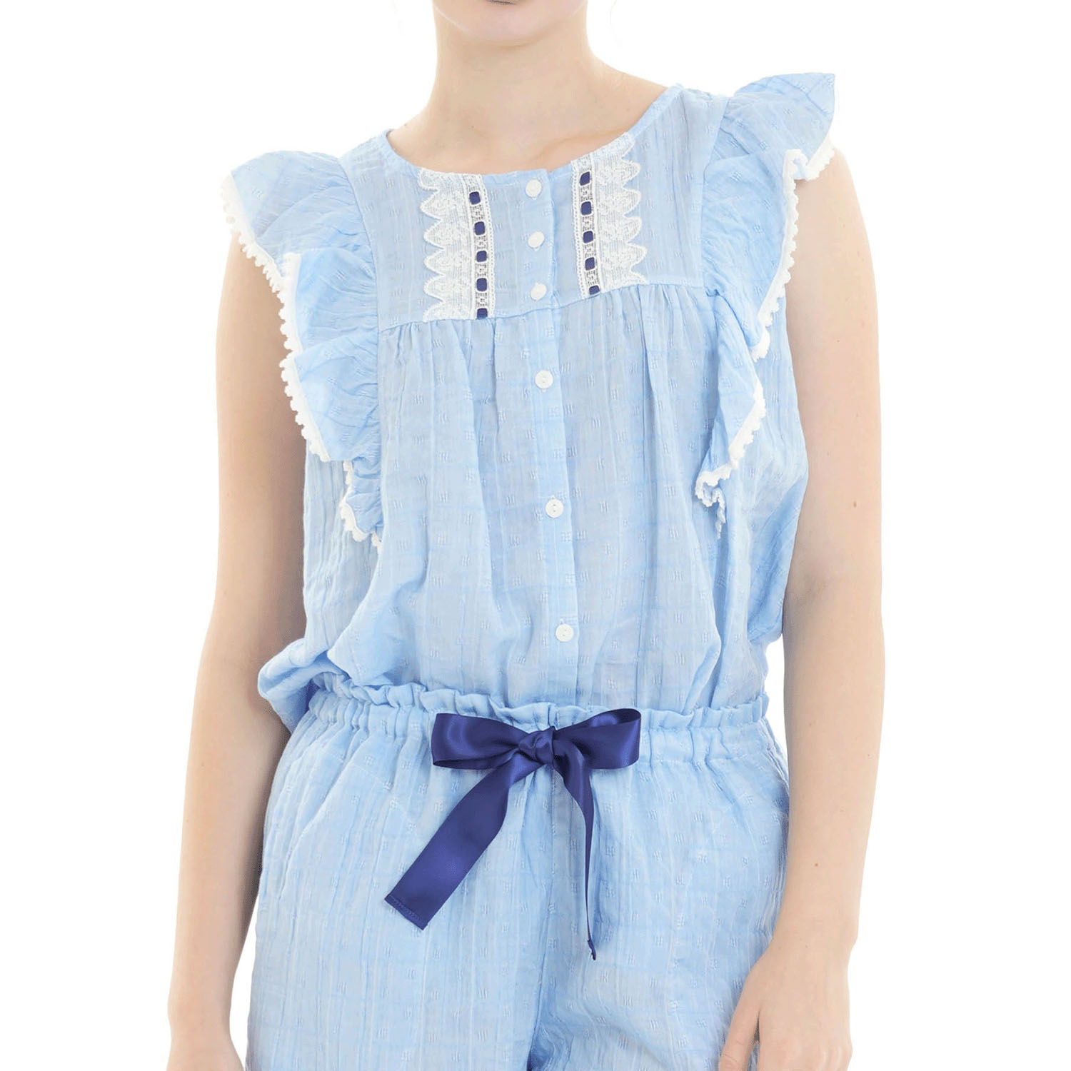 Narue シャーリング表ジャガードストライプ＆シャンブレーフリルパジャマ - 画像18