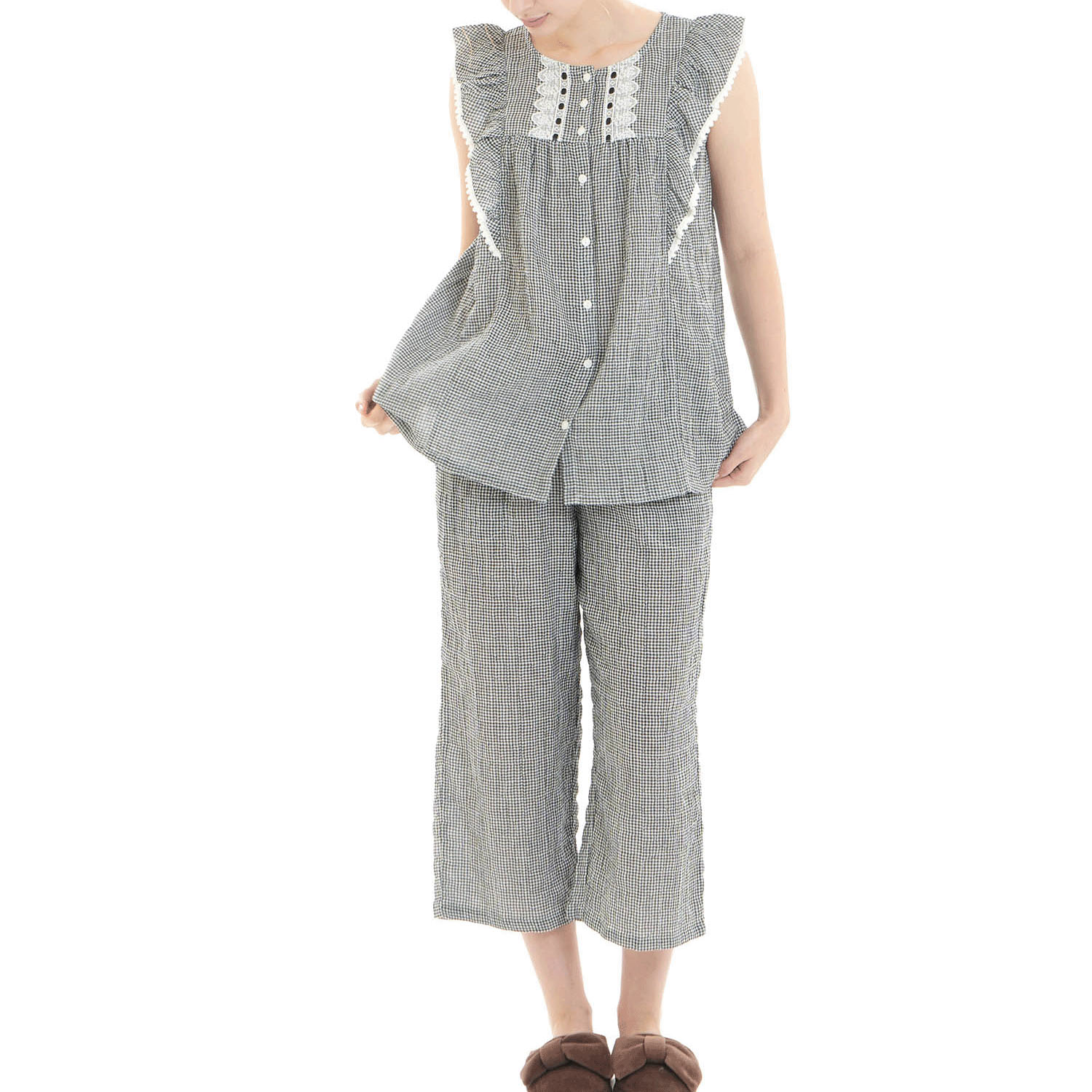 Narue シャーリング表ジャガードストライプ＆シャンブレーフリルパジャマ - 画像4