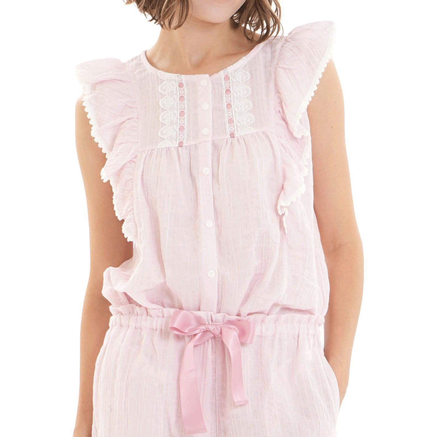 Narue シャーリング表ジャガードストライプ＆シャンブレーフリルパジャマ - 画像10