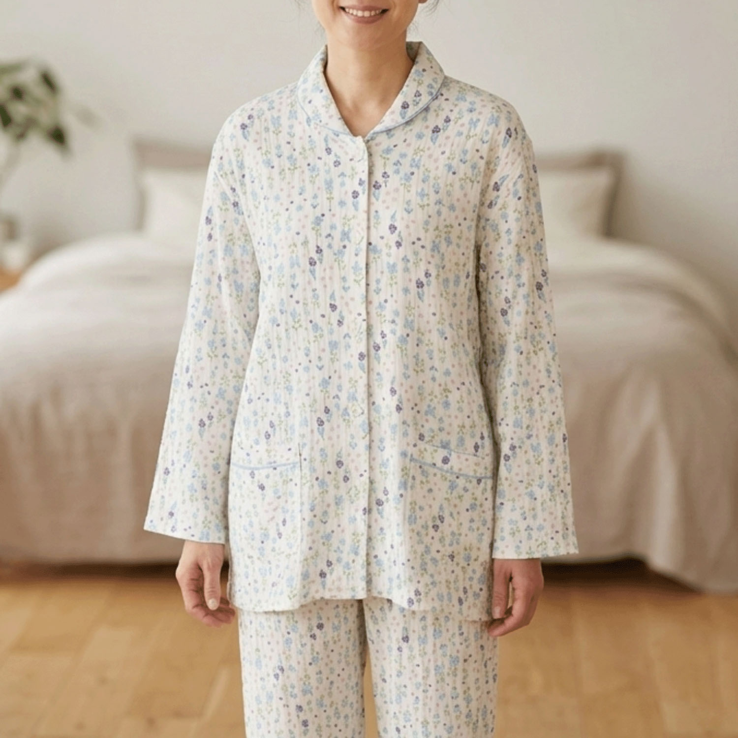 ナクリュール  ふんわりダブルガーゼシャーリング フラワー 婦人シャツパジャマ - 画像1