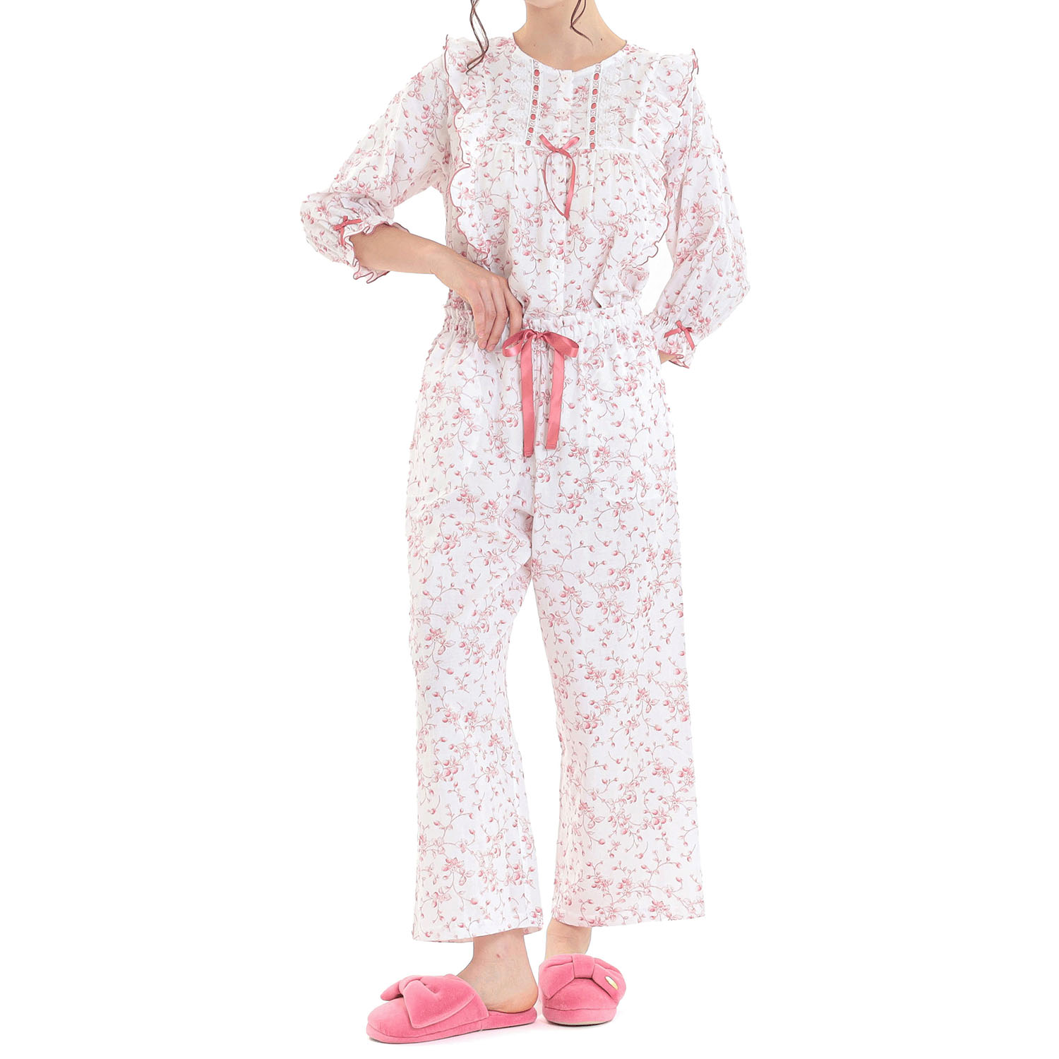 Narue 40／ダブルガーゼプティフレーズフリル7分袖パジャマ - 画像3