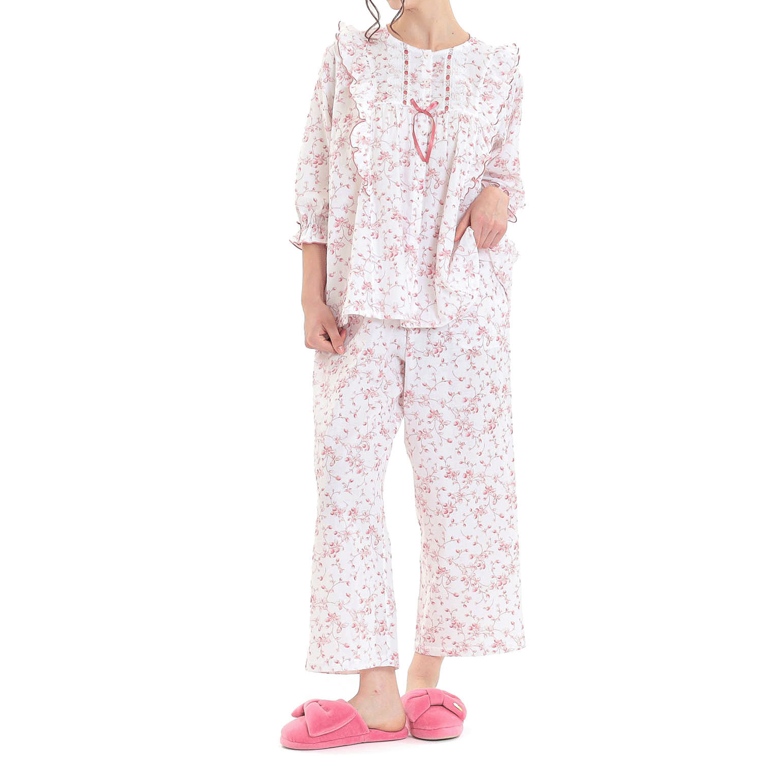 Narue 40／ダブルガーゼプティフレーズフリル7分袖パジャマ - 画像4