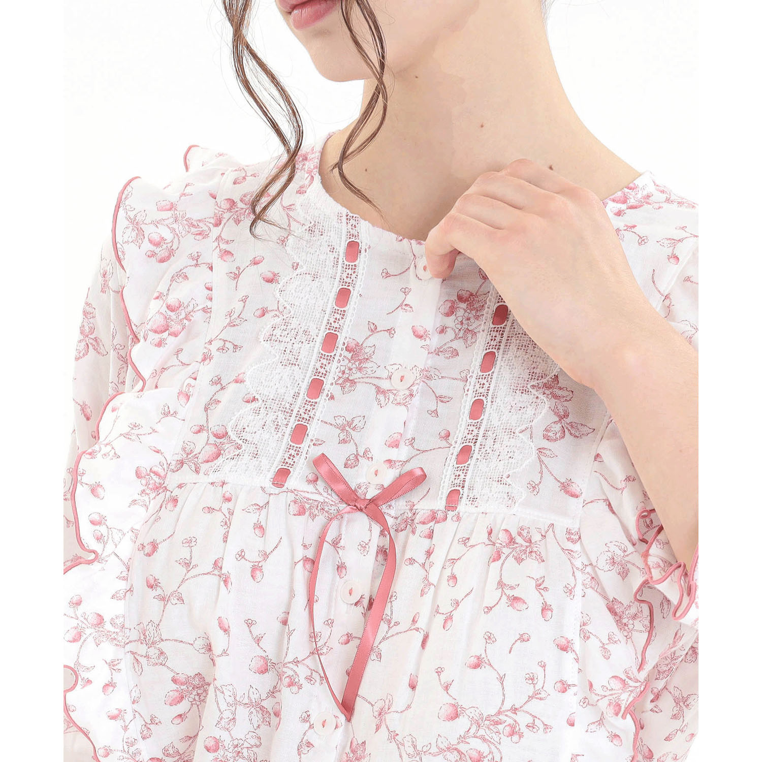 Narue 40／ダブルガーゼプティフレーズフリル7分袖パジャマ - 画像5