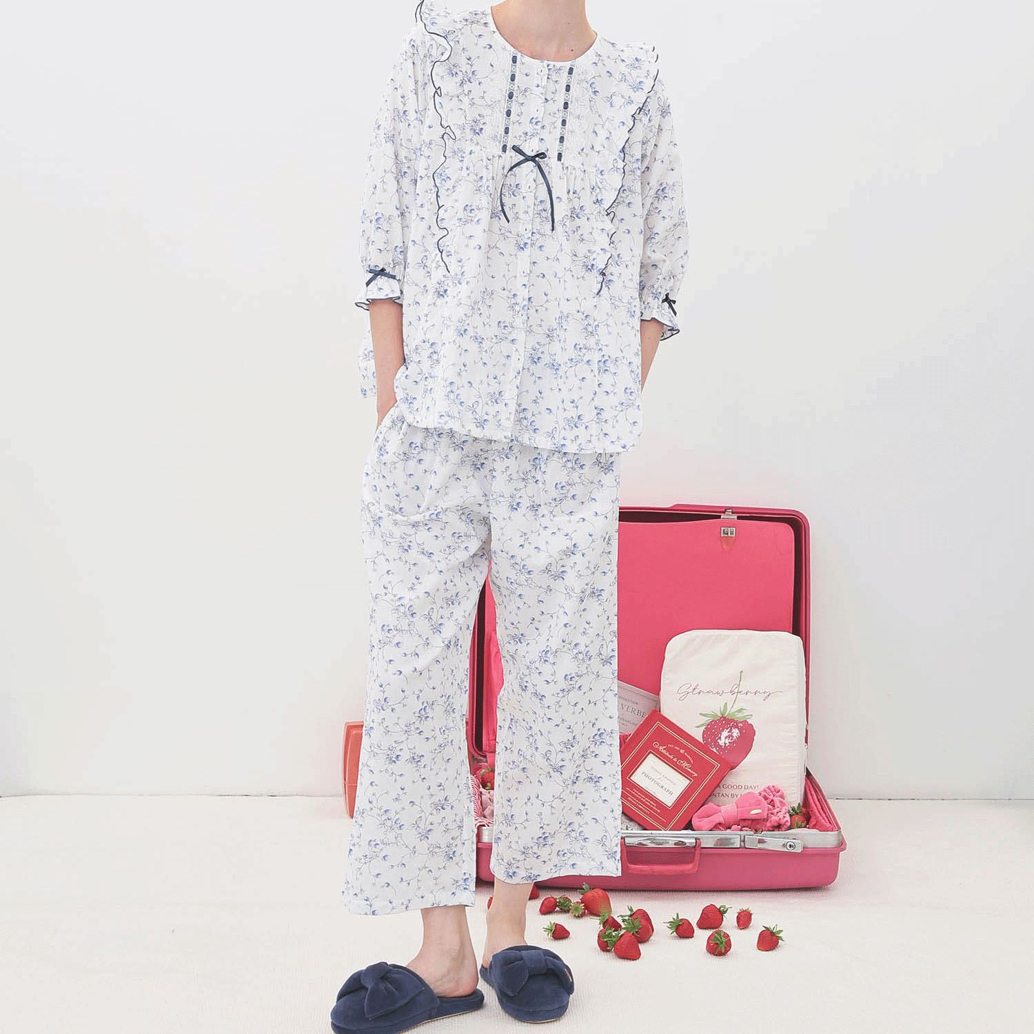 Narue 40／ダブルガーゼプティフレーズフリル7分袖パジャマ - 画像10