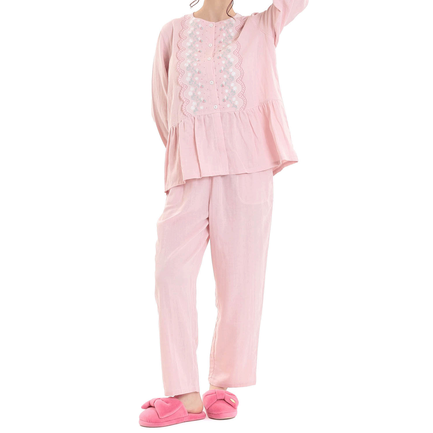 Narue コットンダブルガーゼレーシーフリルペプラムパジャマ - 画像16