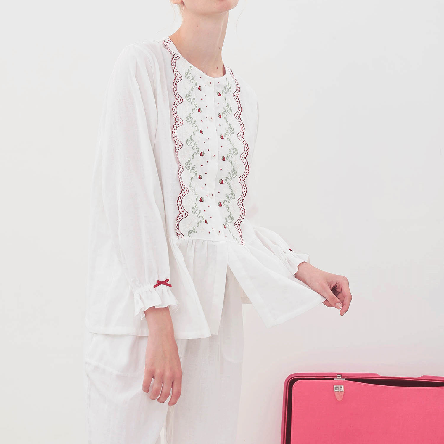 Narue コットンダブルガーゼレーシーフリルペプラムパジャマ - 画像3