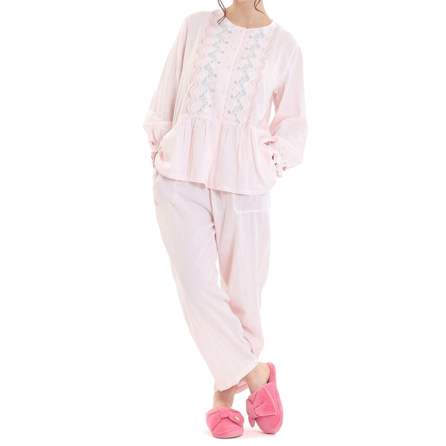 Narue コットンダブルガーゼレーシーフリルペプラムパジャマ - 画像9