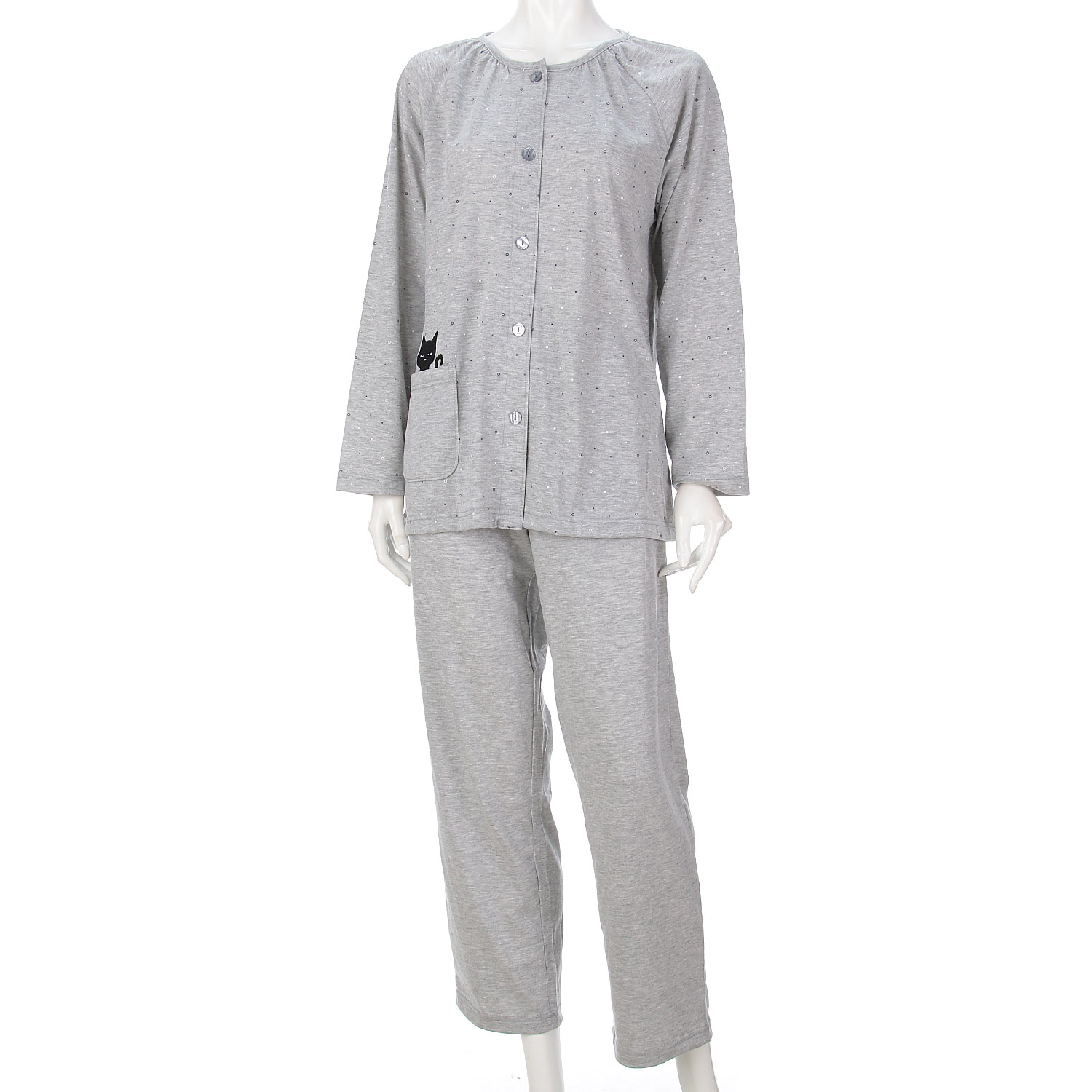 婦人 天竺ドット柄 猫刺繍 前開きパジャマ - 画像1