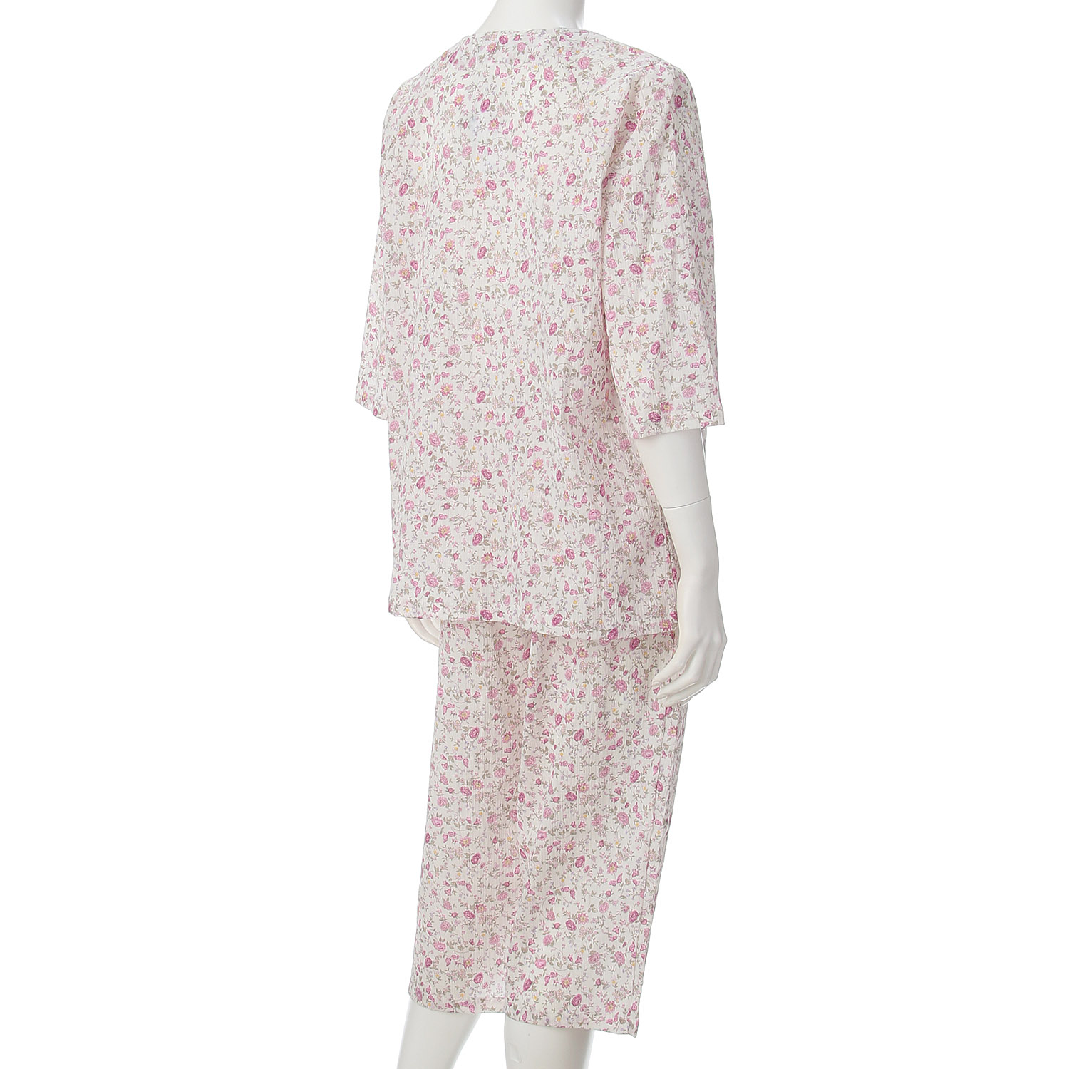 綿100％楊柳花更紗柄丸ヨークパジャマ - 画像2