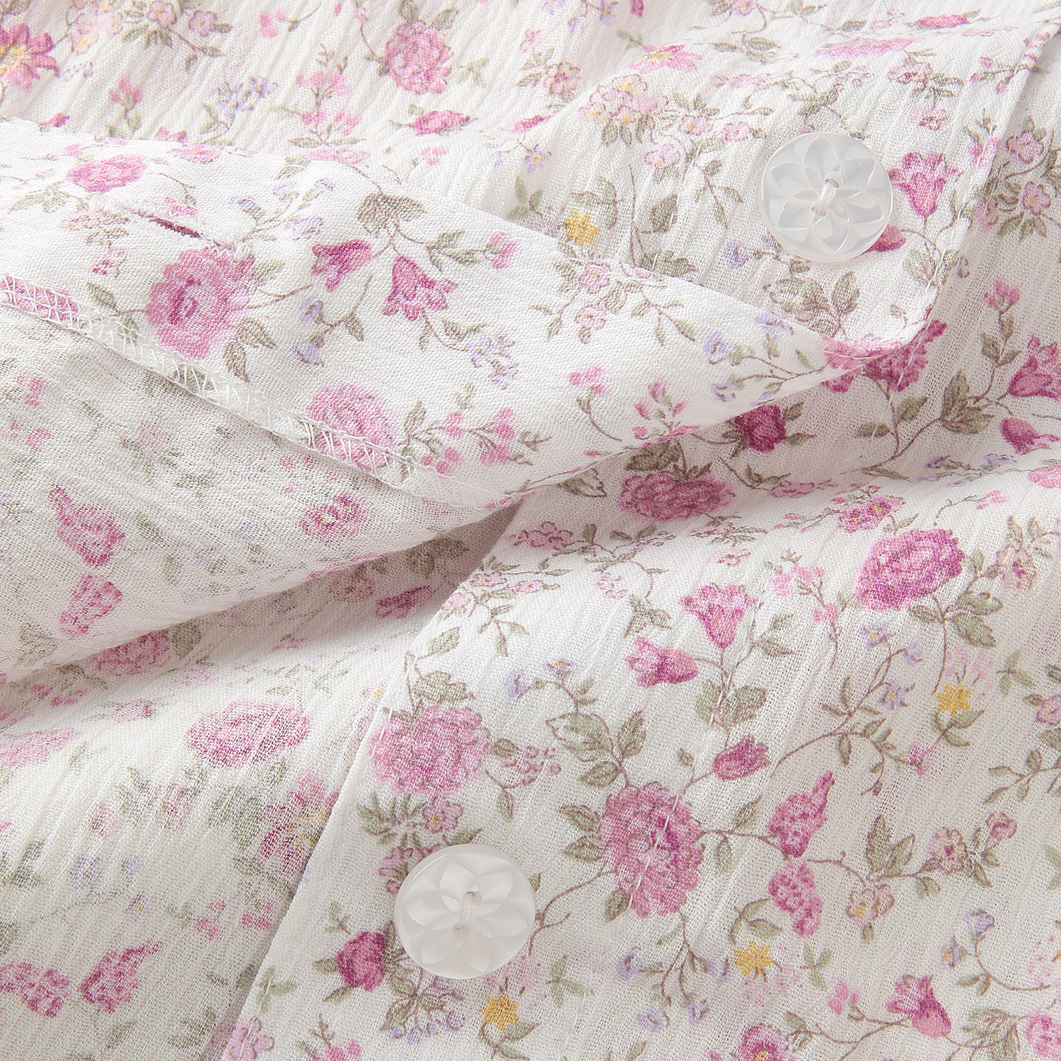 綿100％楊柳花更紗柄丸ヨークパジャマ - 画像4