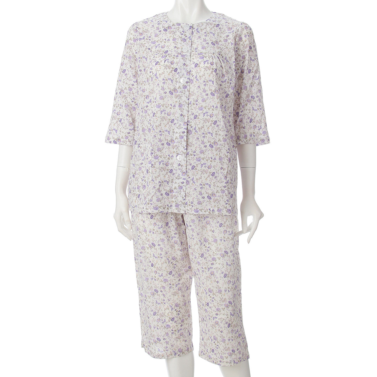 綿100％楊柳花更紗柄丸ヨークパジャマ - 画像6