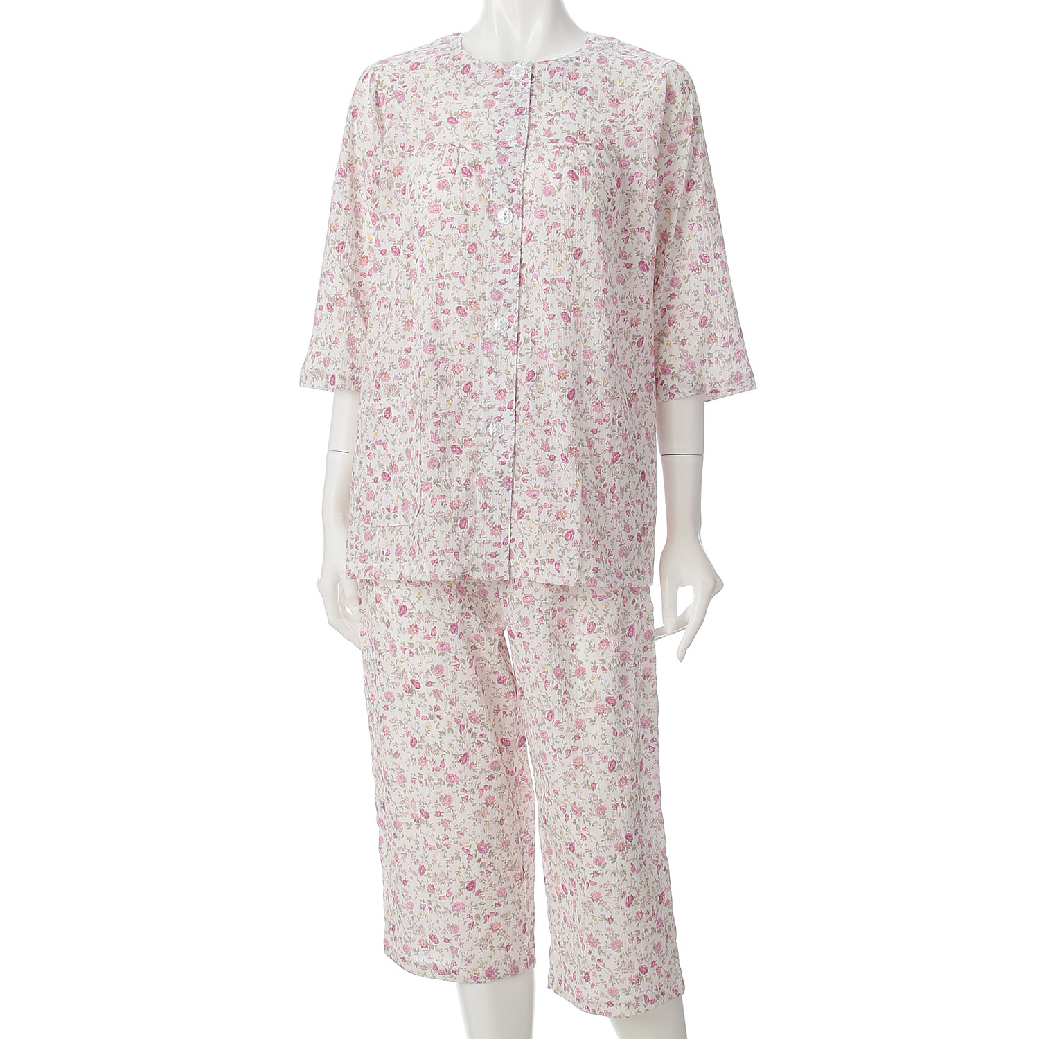 綿100％楊柳花更紗柄丸ヨークパジャマ - 画像1