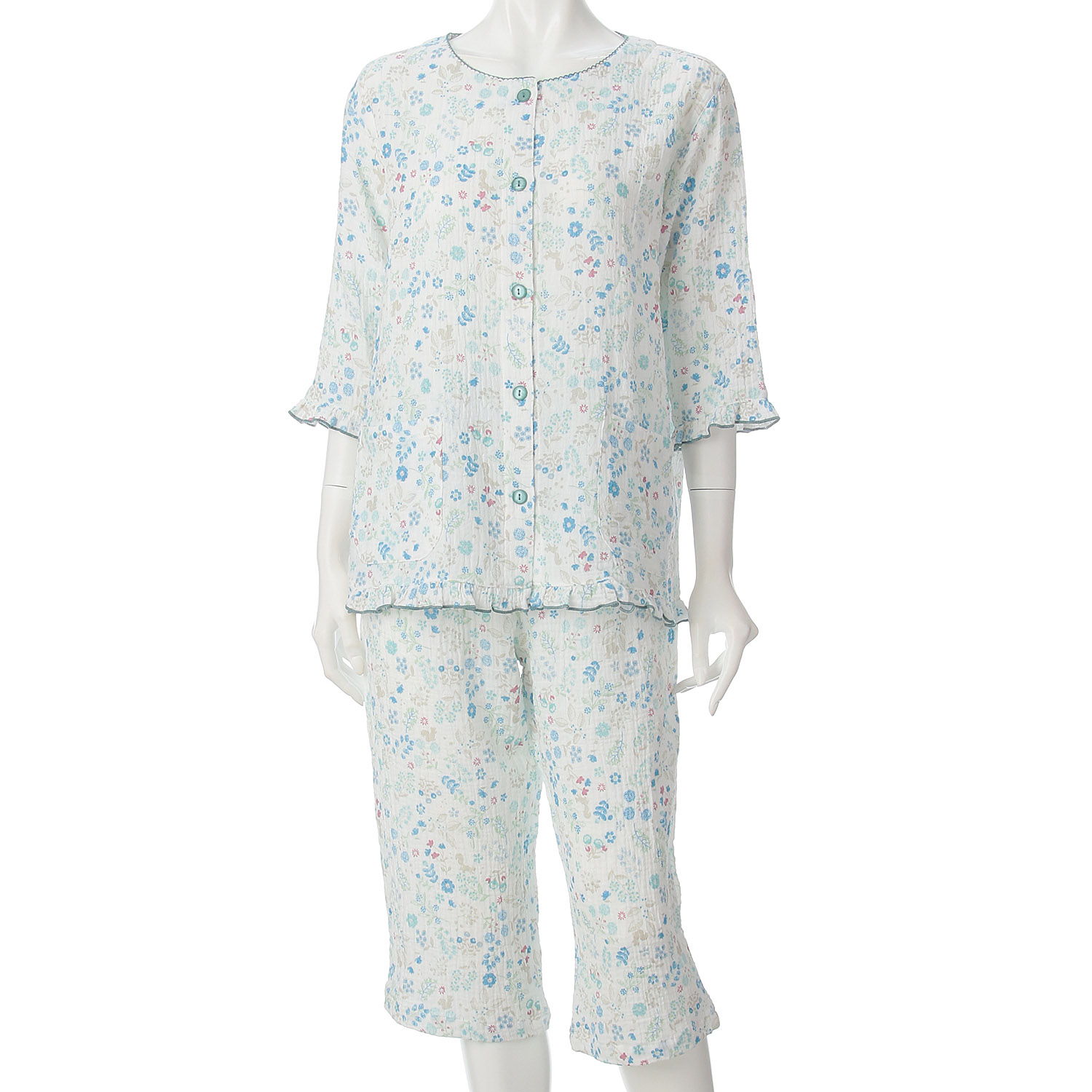 しじらWガーゼ北欧ステッチリス柄襟なしパジャマ - 画像2