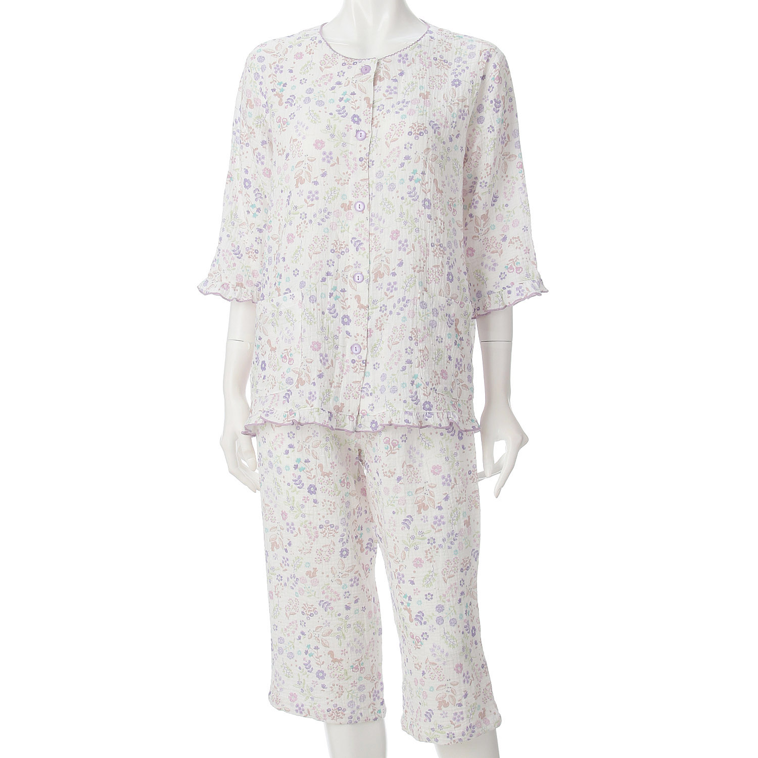 しじらWガーゼ北欧ステッチリス柄襟なしパジャマ - 画像3