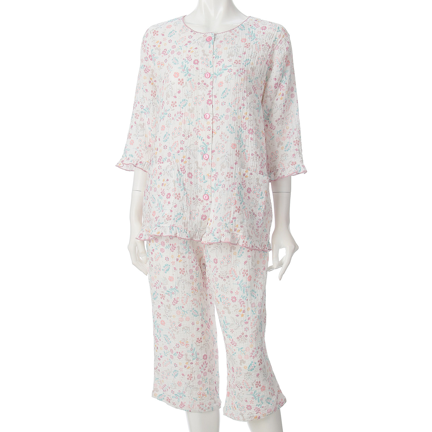 しじらWガーゼ北欧ステッチリス柄襟なしパジャマ