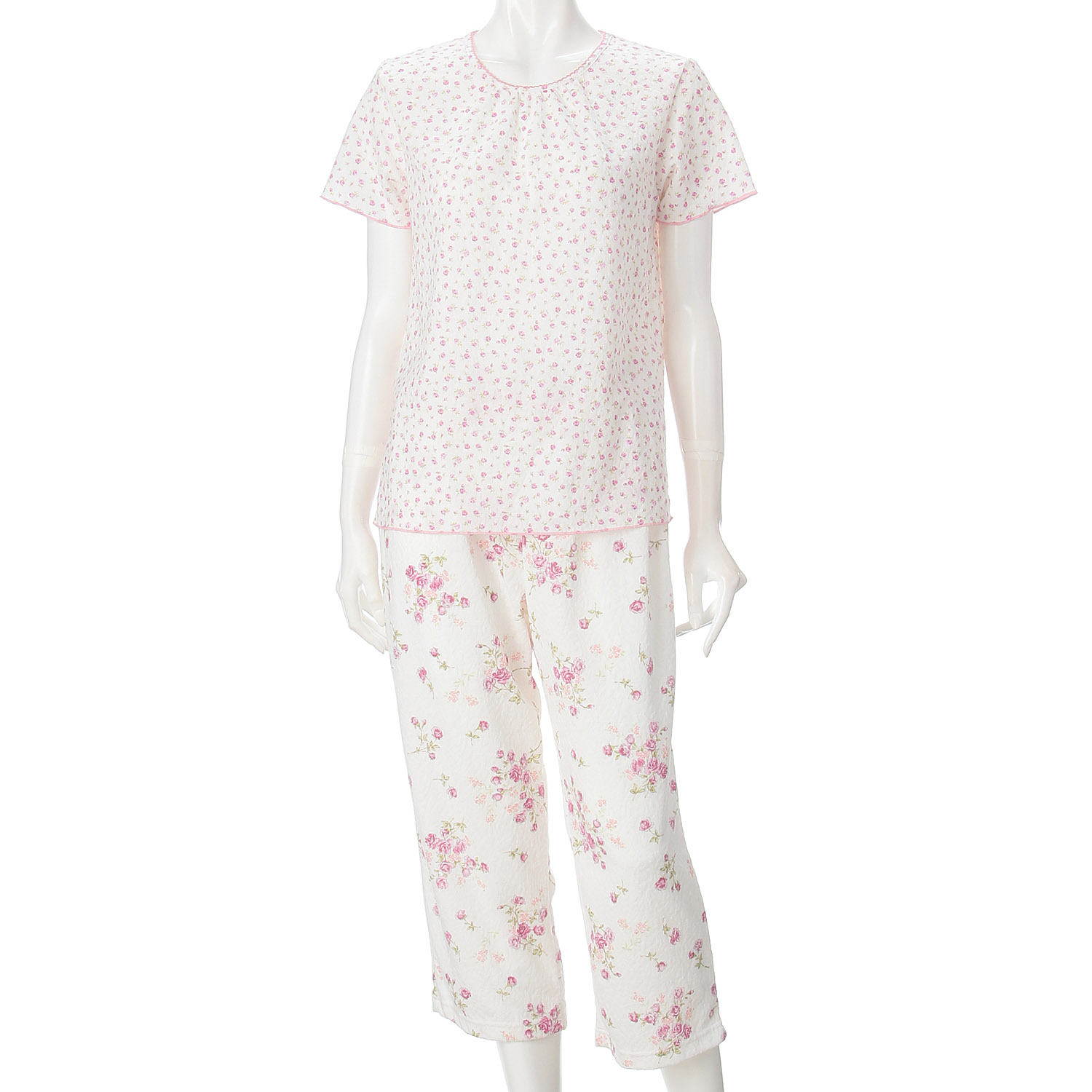 婦人 ふくれジャカードニット くくりローズブーケ柄2トップスパジャマ - 画像2