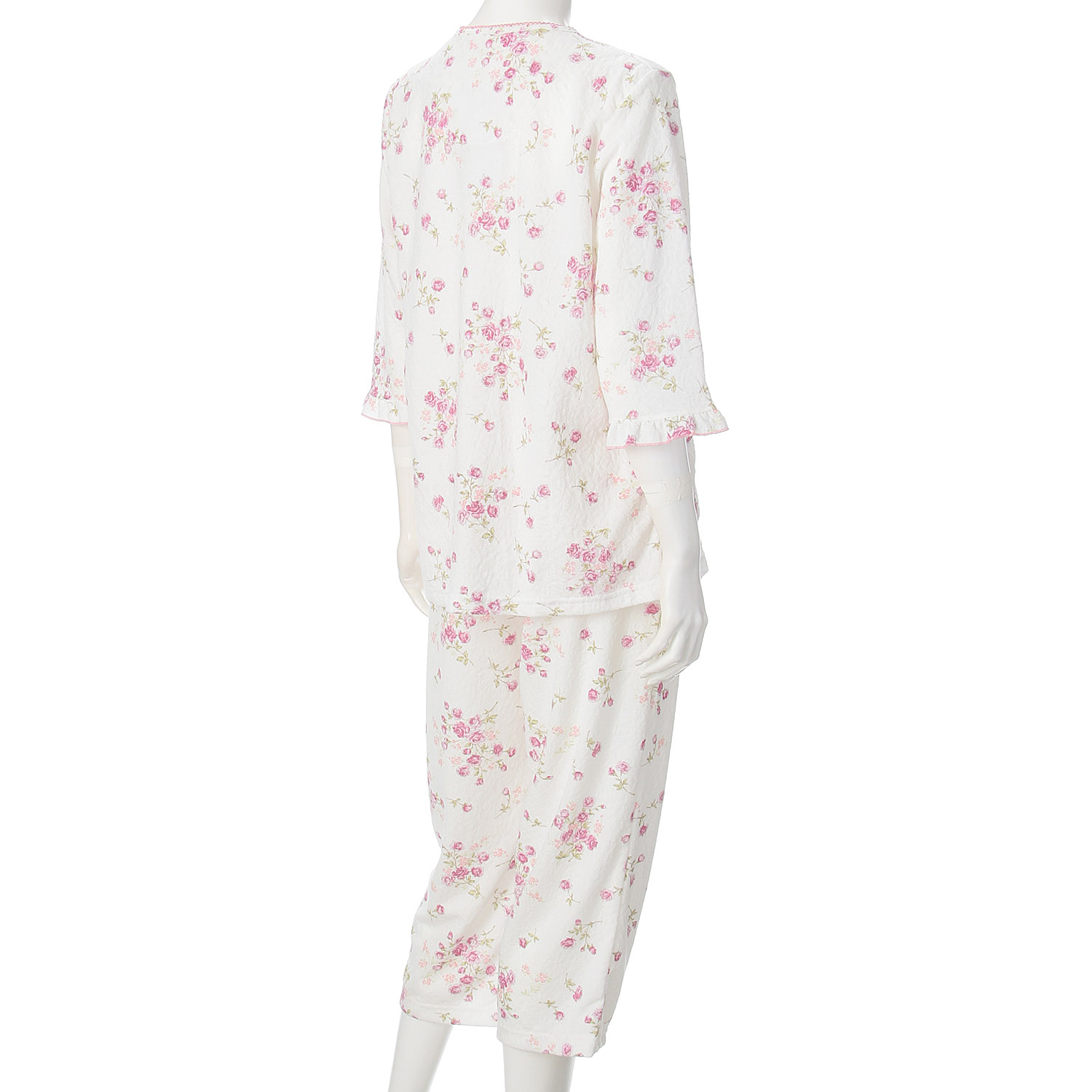 婦人 ふくれジャカードニット くくりローズブーケ柄2トップスパジャマ - 画像3