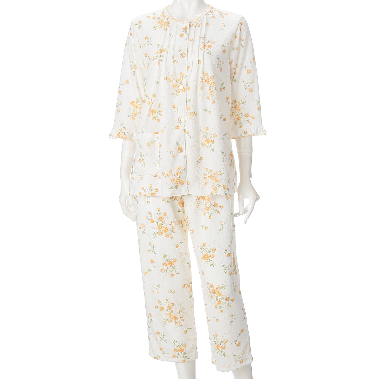 婦人 ふくれジャカードニット くくりローズブーケ柄2トップスパジャマ - 画像7