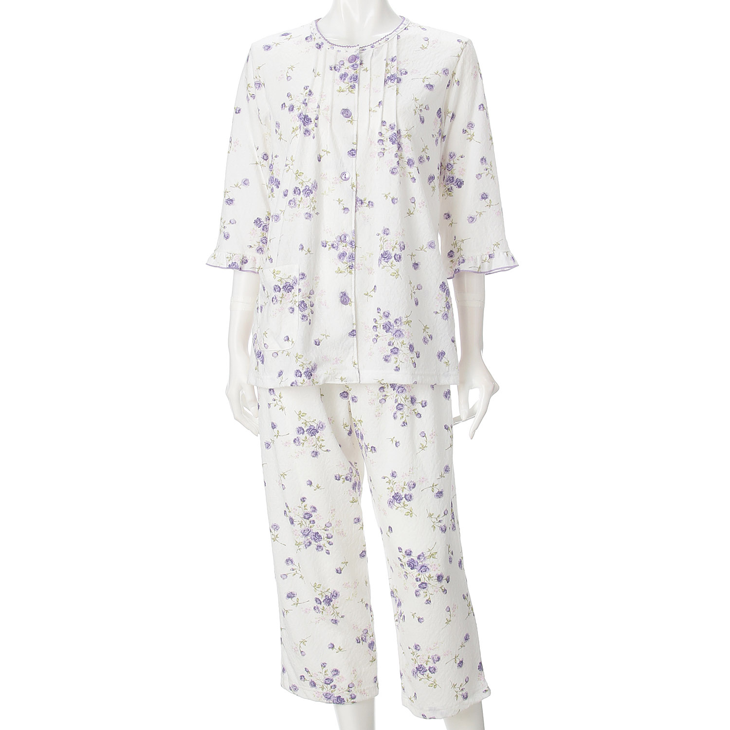 婦人 ふくれジャカードニット くくりローズブーケ柄2トップスパジャマ - 画像9