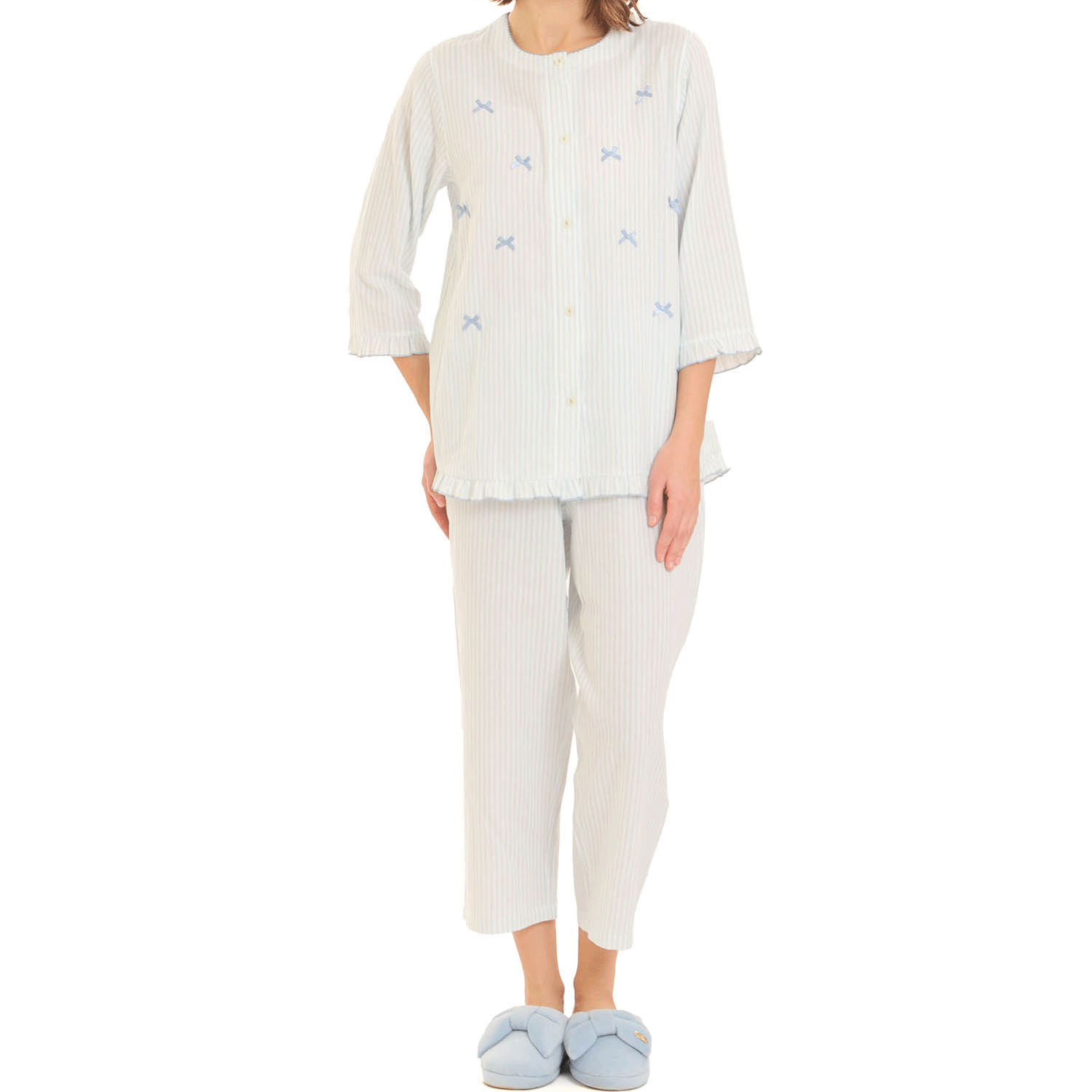 Narue ダブルガーゼシンプルストライプリボンパジャマ - 画像11